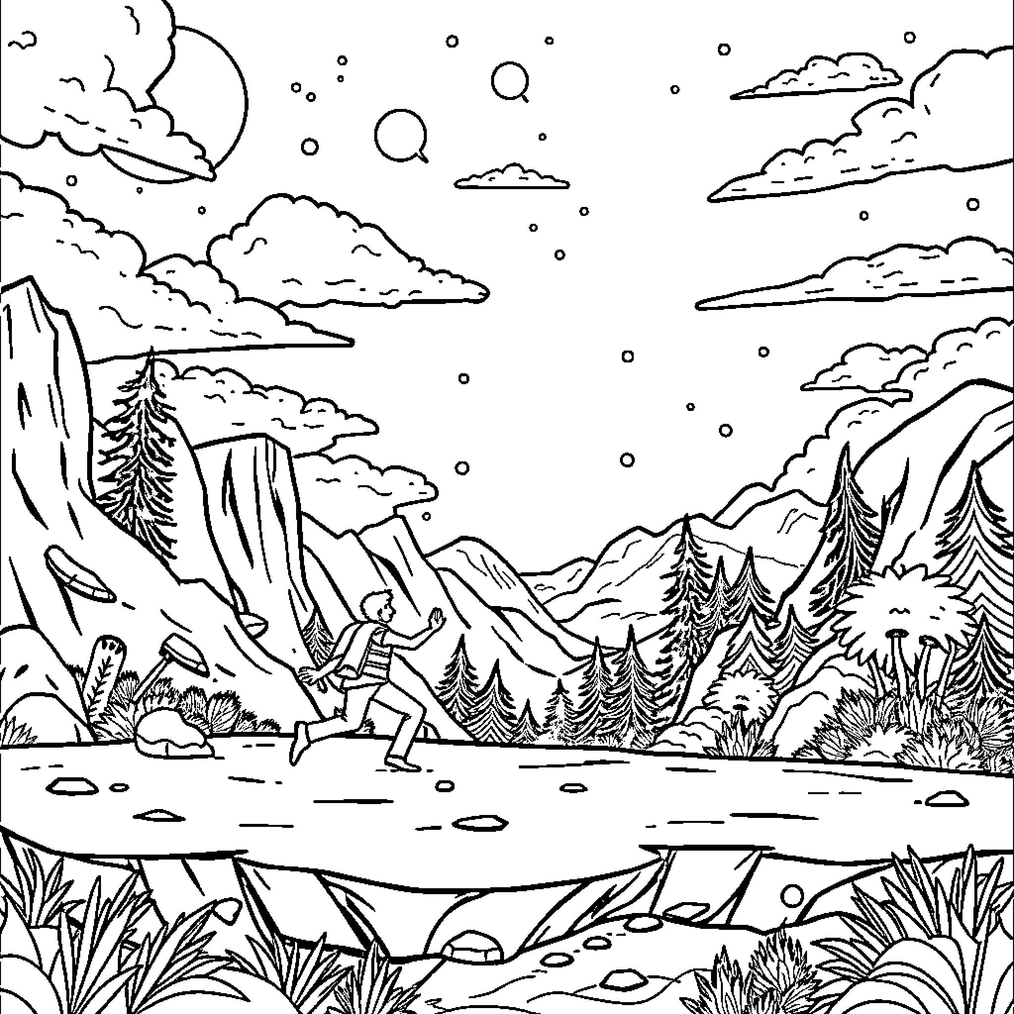 Adventure Time Exploring the Enchanted Wilderness Coloring Page (free black-and-white line drawing printable PDF for all, from beginners to advanced learners, including children, teens, adults, and seniors)