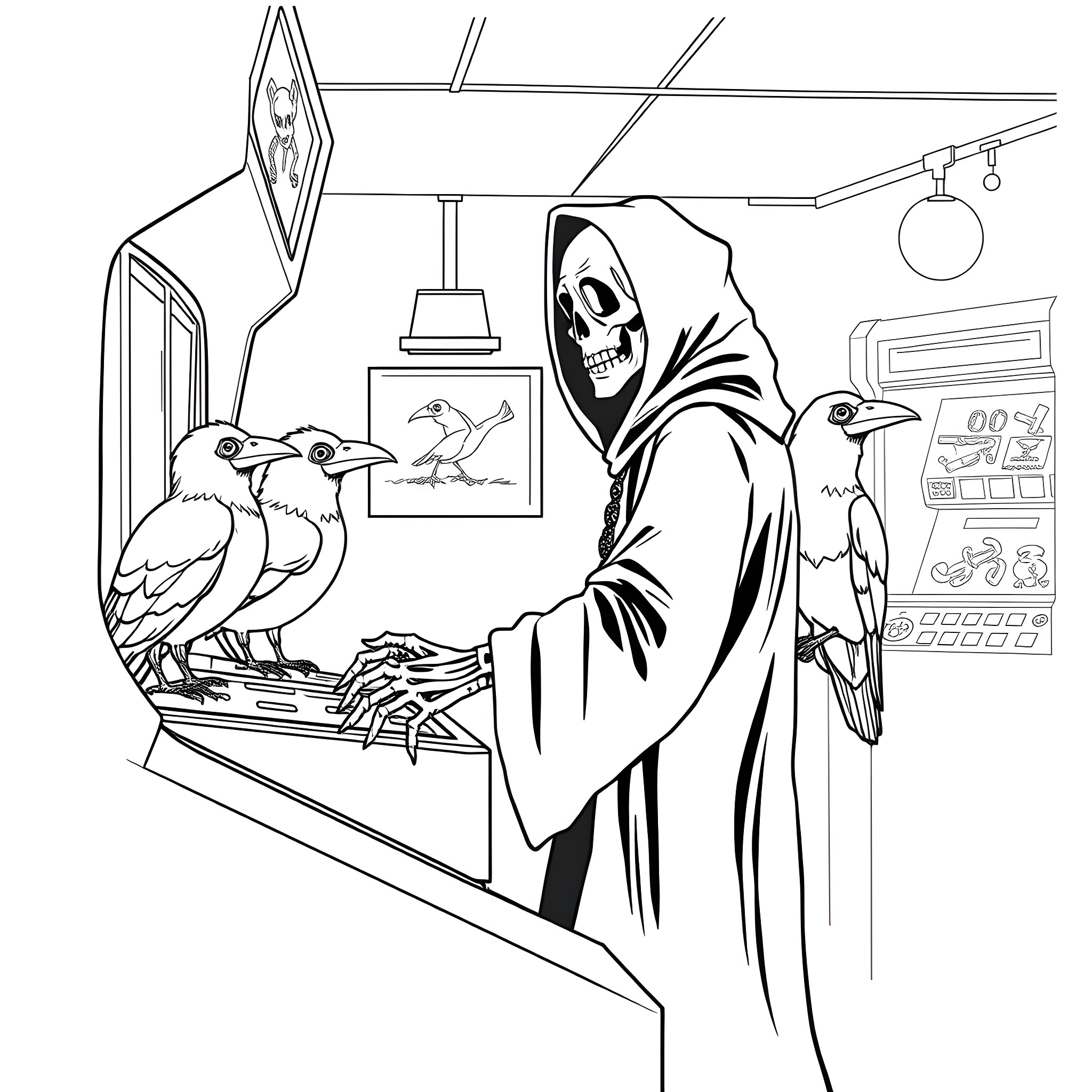 Skeleton Playing Ominous Video Game with Crows Coloring Page (free black-and-white line drawing printable PDF for all, from beginners to advanced learners, including children, teens, adults, and seniors)