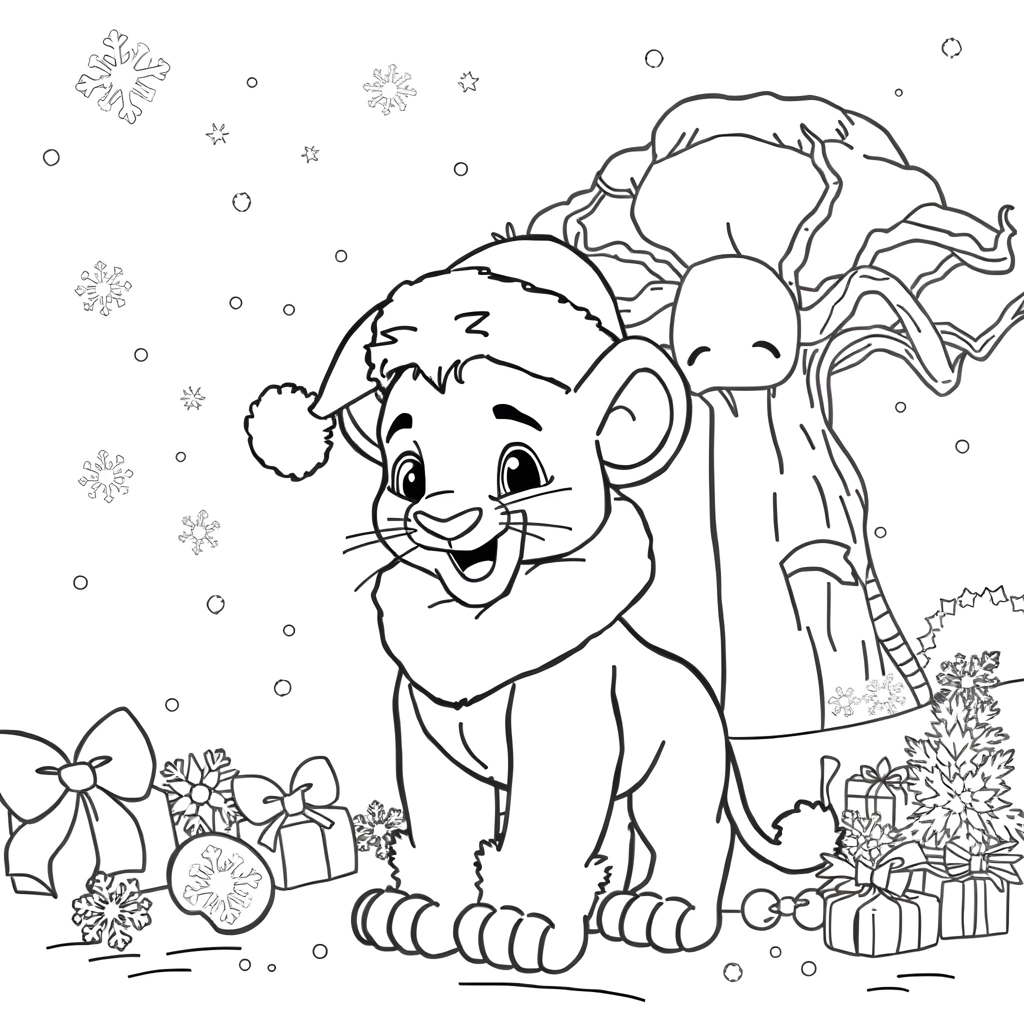 Simba playing joyfully in a winter wonderland Coloring Page (free black-and-white line drawing printable PDF for all, from beginners to advanced learners, including children, teens, adults, and seniors)