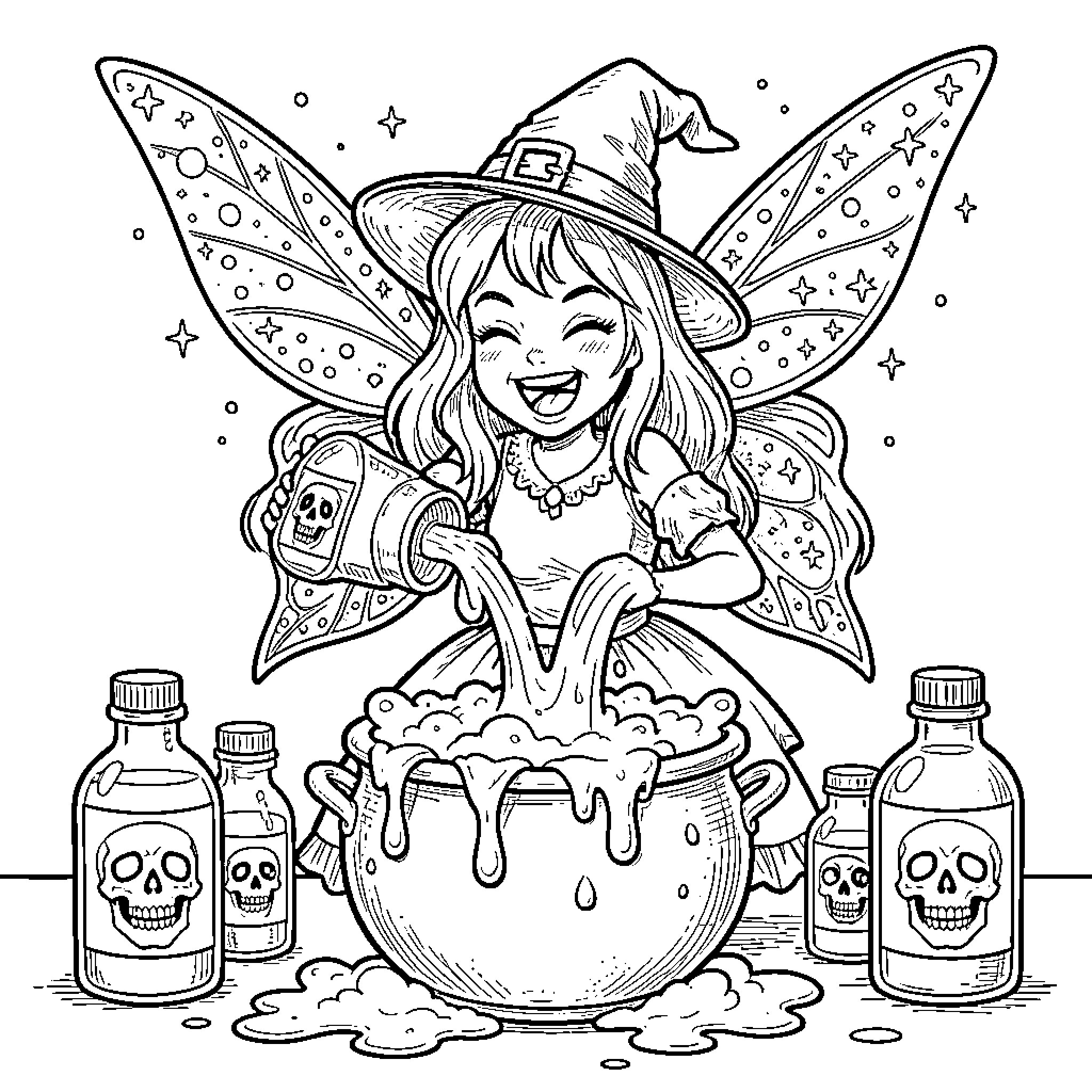 Fairy Witch Stirring Cauldron with Spooky Potions Coloring Page (free black-and-white line drawing printable PDF for all, from beginners to advanced learners, including children, teens, adults, and seniors)