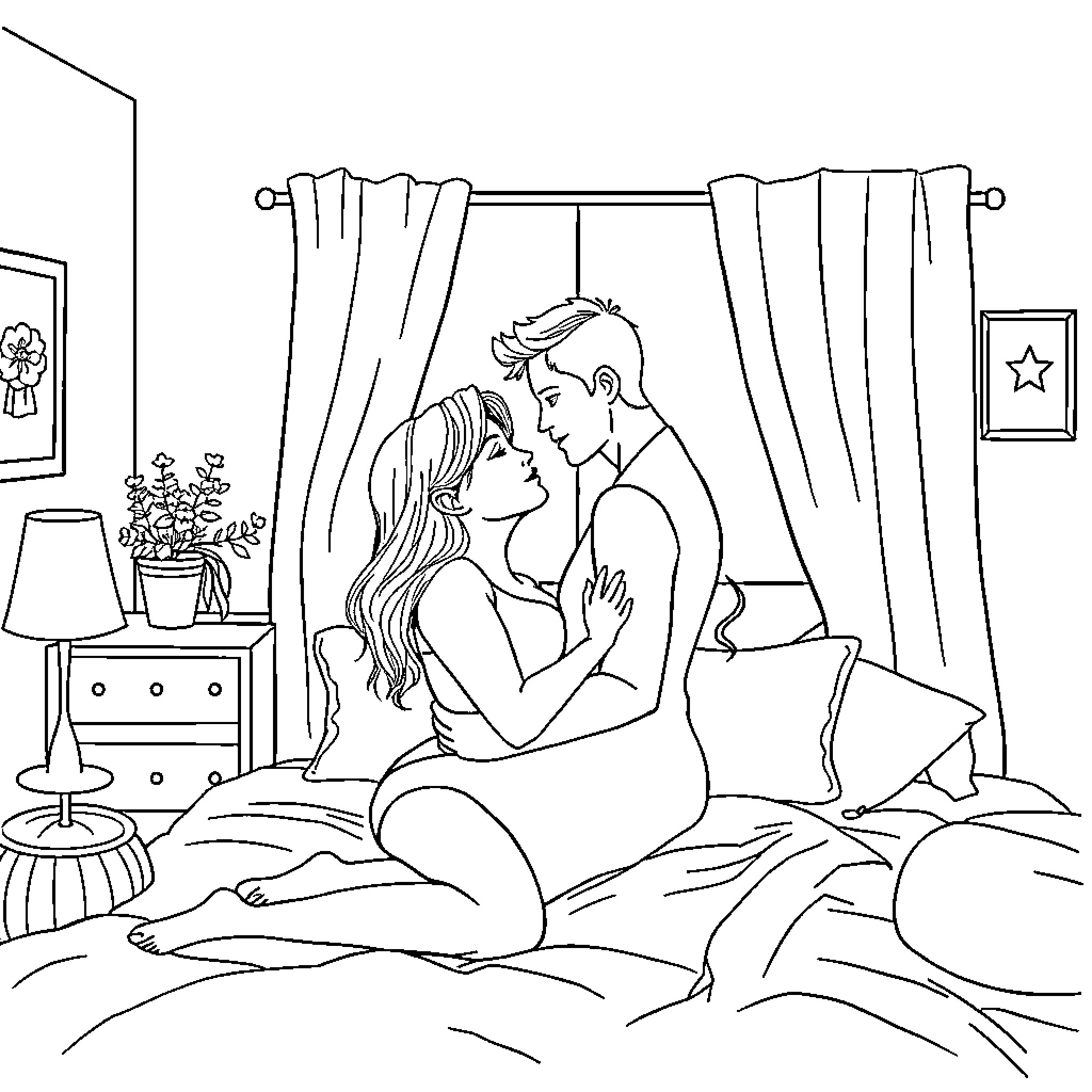 Couple cuddling intimately on the bed Coloring Page (free black-and-white line drawing printable PDF for all, from beginners to advanced learners, including children, teens, adults, and seniors)