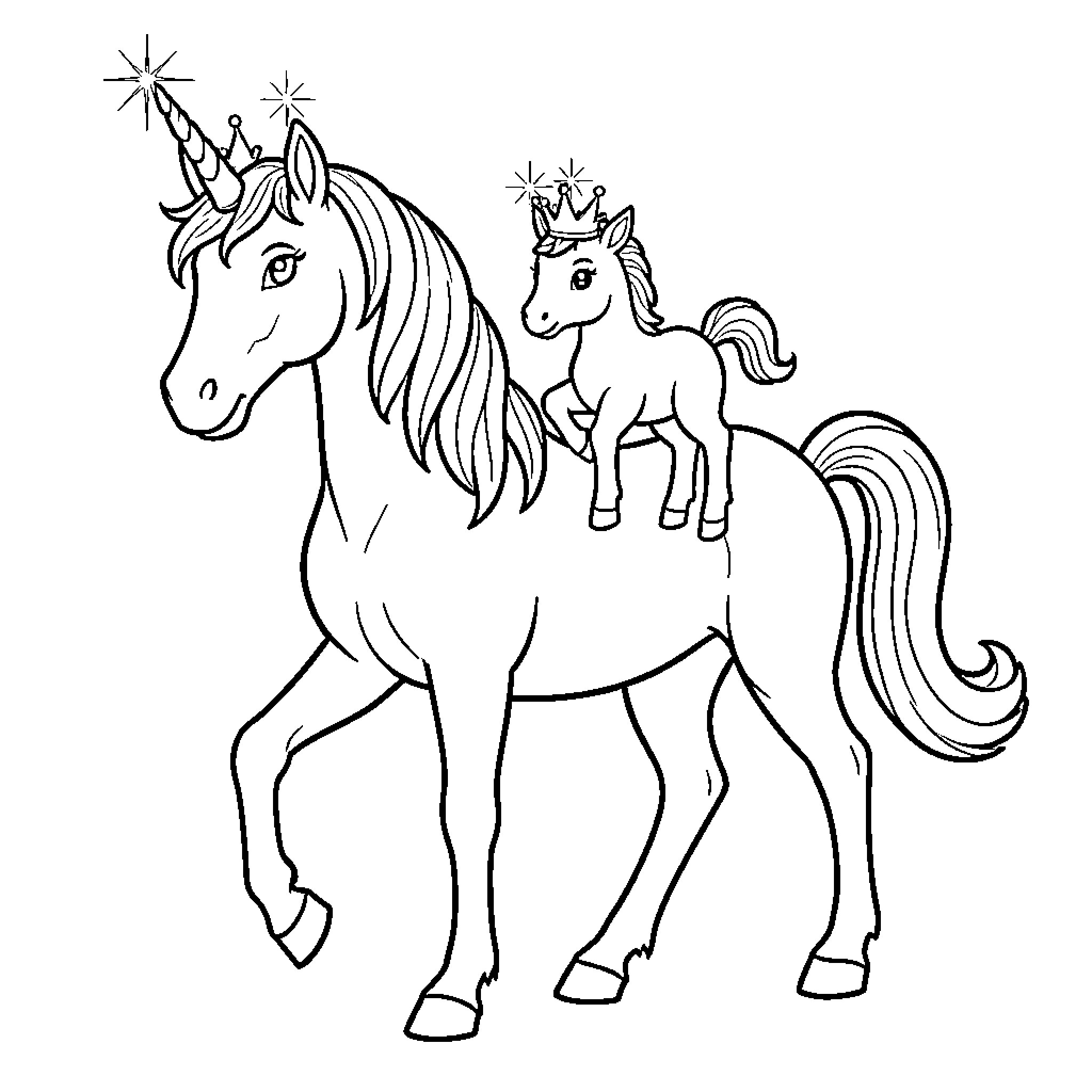 Unicorn Siblings Enjoying a Whimsical Moment Coloring Page (free black-and-white line drawing printable PDF for all, from beginners to advanced learners, including children, teens, adults, and seniors)