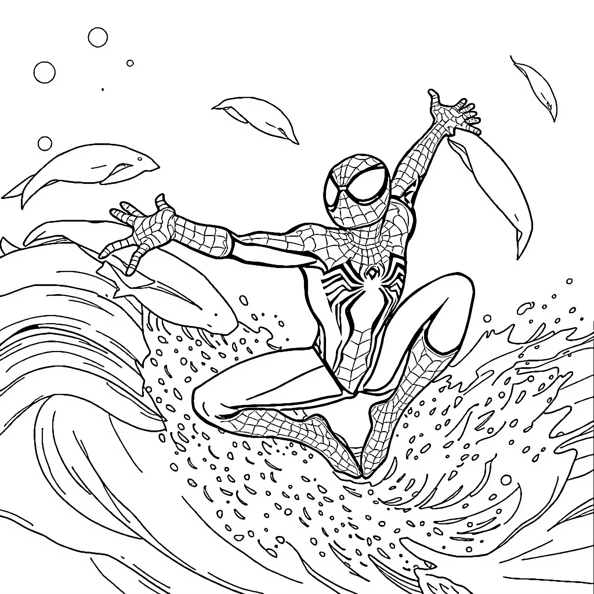 Spidey swinging through a watery scene Coloring Page (free black-and-white line drawing printable PDF for all, from beginners to advanced learners, including children, teens, adults, and seniors)
