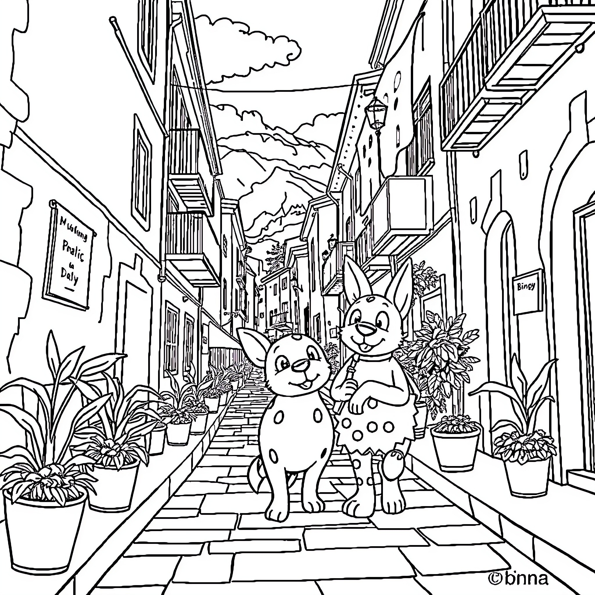 Bluey and Friends Explore the Neighborhood Coloring Page (free black-and-white line drawing printable PDF for all, from beginners to advanced learners, including children, teens, adults, and seniors)