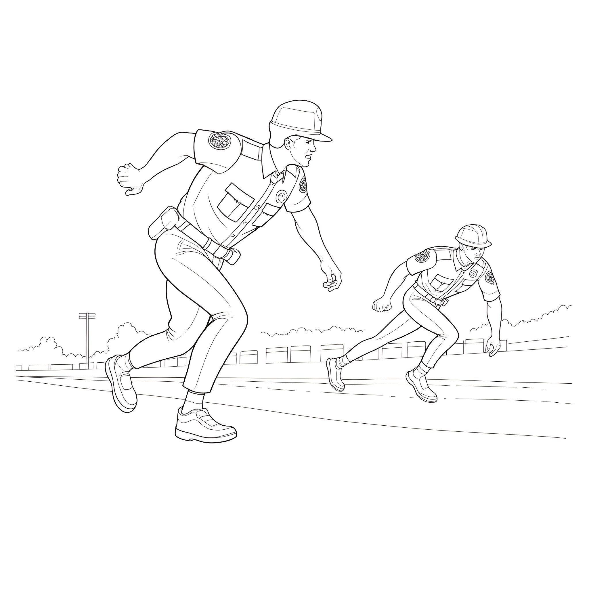 Deputy officers pursuing suspects on foot Coloring Page (free black-and-white line drawing printable PDF for all, from beginners to advanced learners, including children, teens, adults, and seniors)