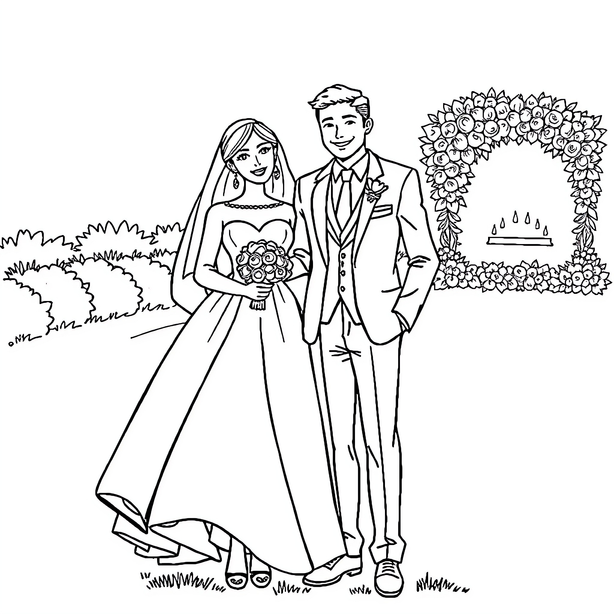 Bride and Groom Celebrate Their Wedding Coloring Page (free black-and-white line drawing printable PDF for all, from beginners to advanced learners, including children, teens, adults, and seniors)