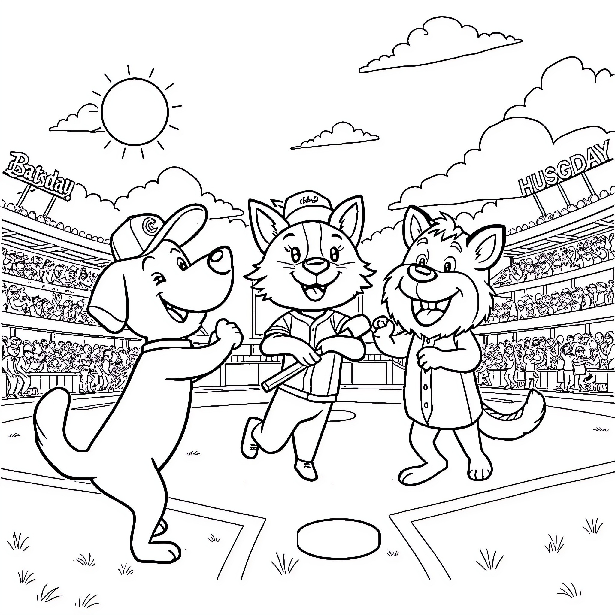 Dog trio playing in sports arena Coloring Page (free black-and-white line drawing printable PDF for all, from beginners to advanced learners, including children, teens, adults, and seniors)