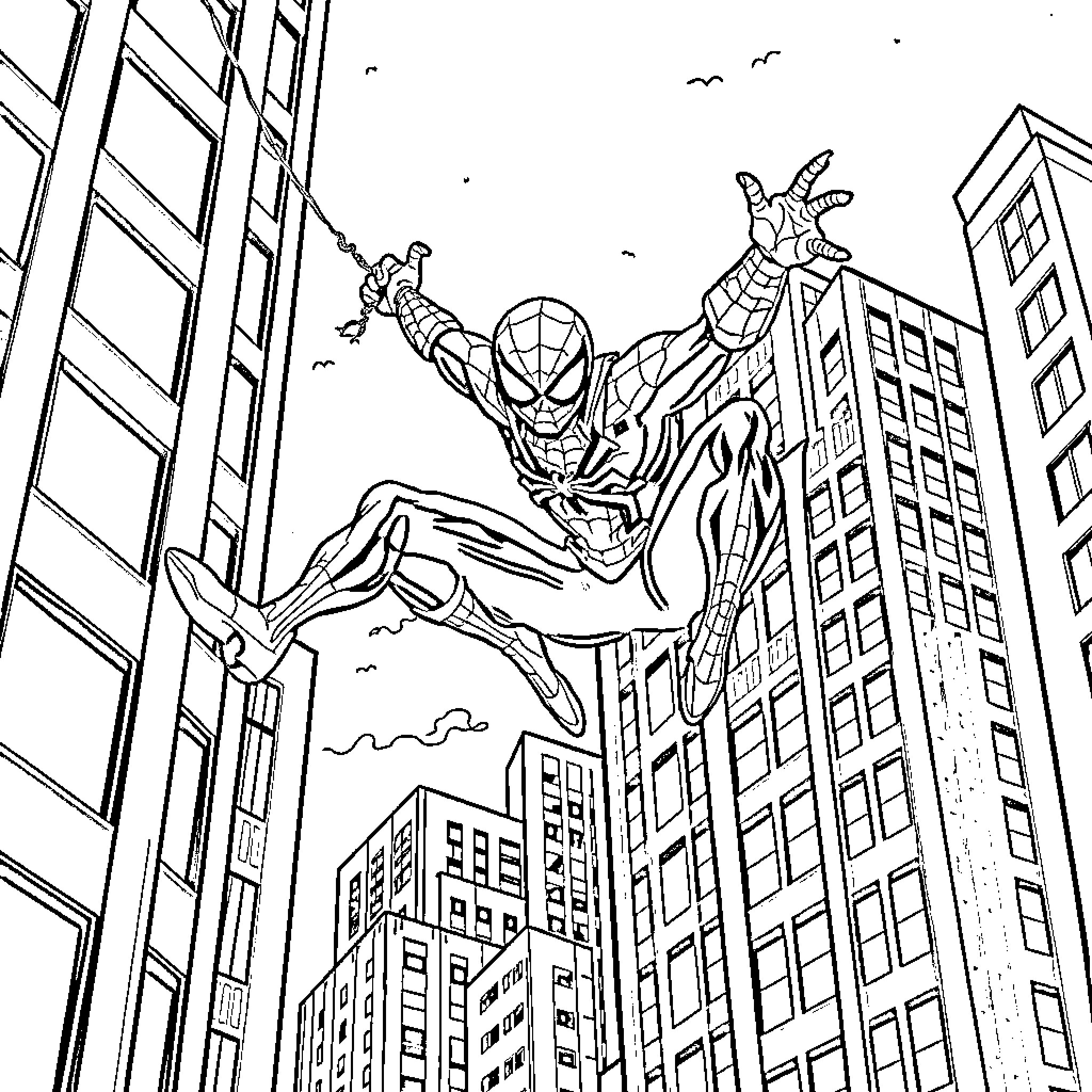 Ghost Spider swinging through the city skyline Coloring Page (free black-and-white line drawing printable PDF for all, from beginners to advanced learners, including children, teens, adults, and seniors)