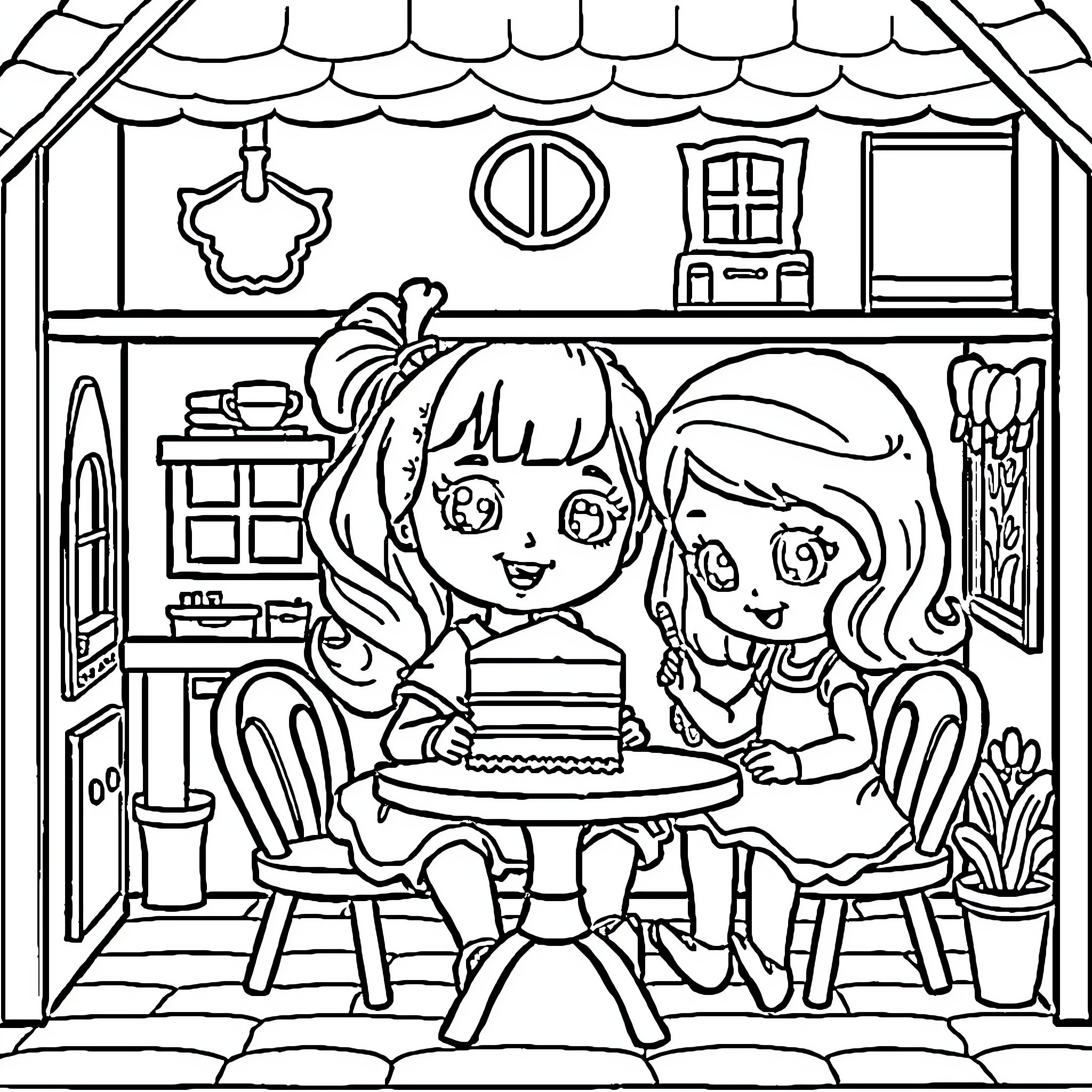 Gabby Dollhouse - Two girls baking in the kitchen Coloring Page (free black-and-white line drawing printable PDF for all, from beginners to advanced learners, including children, teens, adults, and seniors)