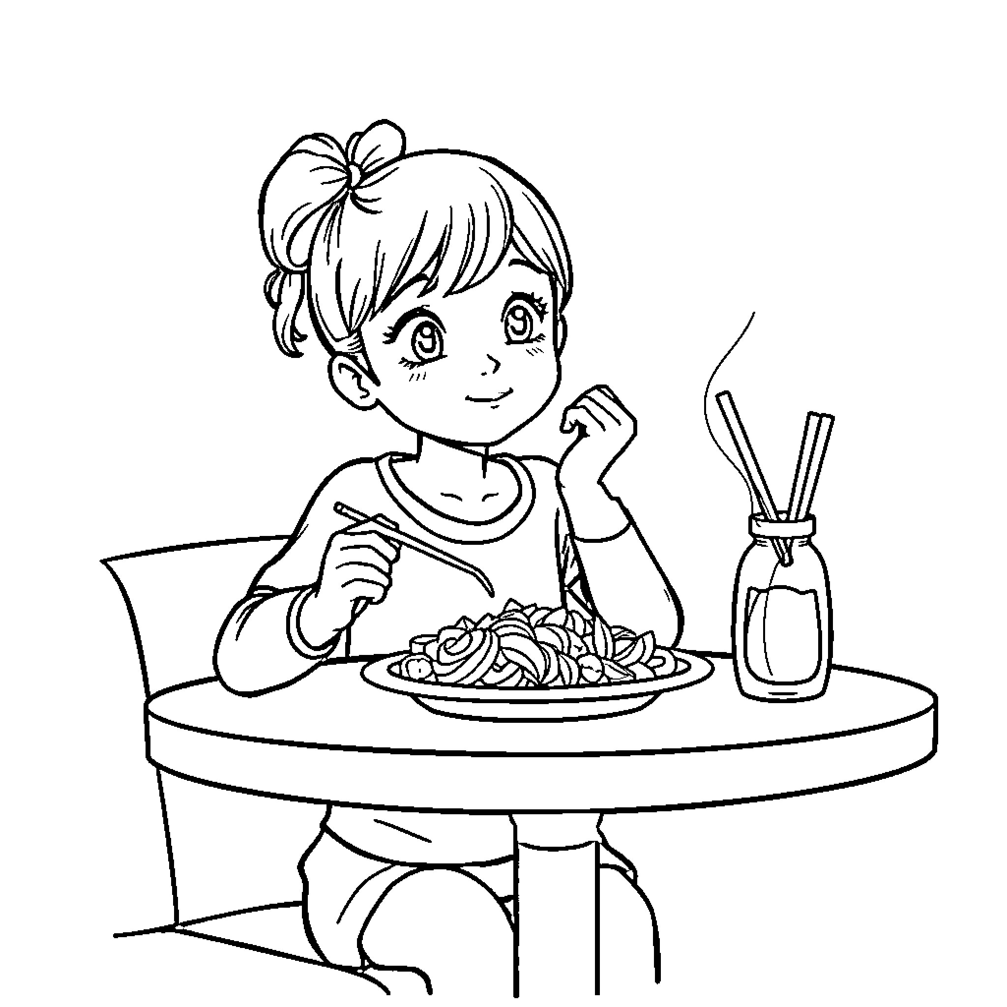 Girl Enjoying a Tasty Meal Coloring Page (free black-and-white line drawing printable PDF for all, from beginners to advanced learners, including children, teens, adults, and seniors)