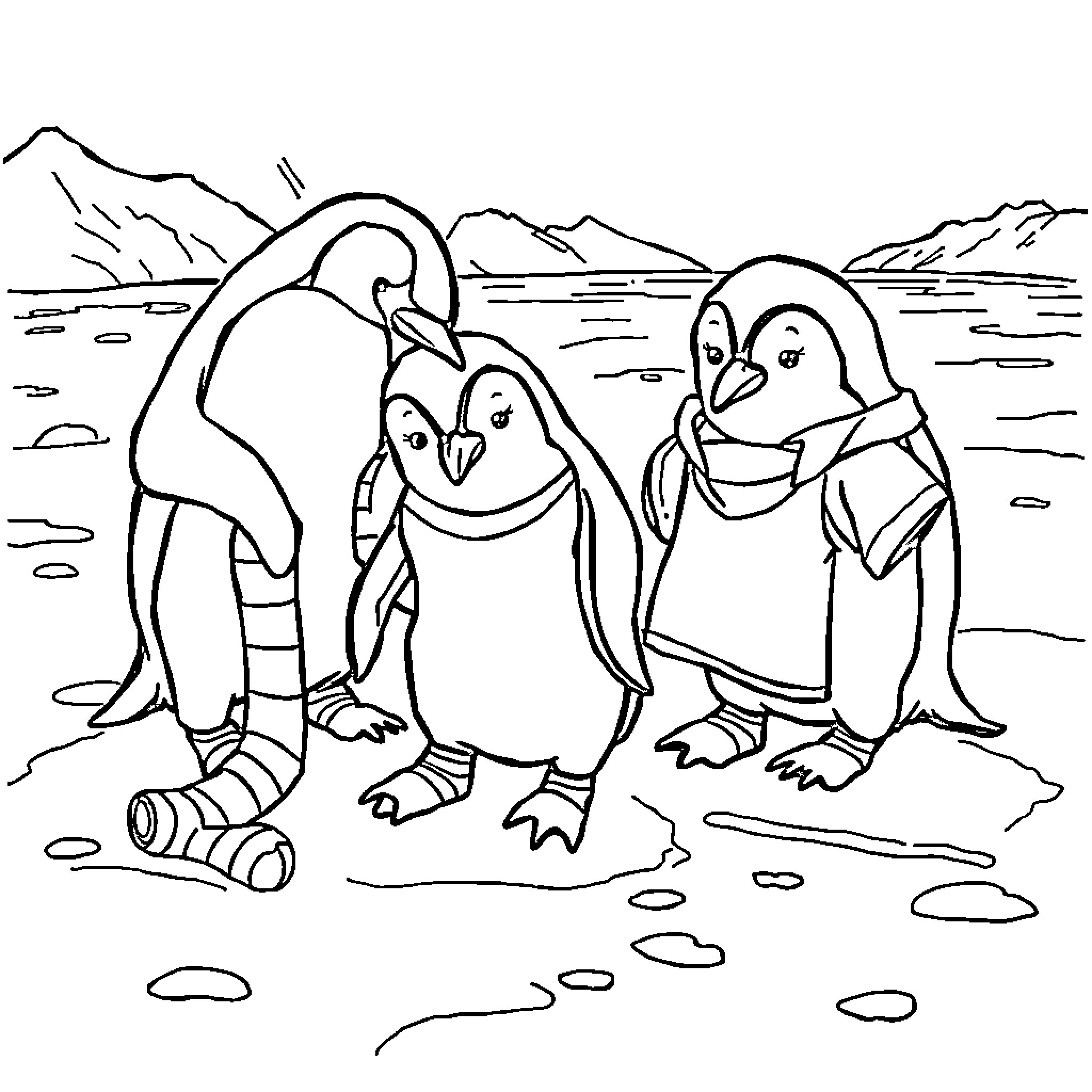 Penguins playing together in the arctic landscape Coloring Page (free black-and-white line drawing printable PDF for all, from beginners to advanced learners, including children, teens, adults, and seniors)