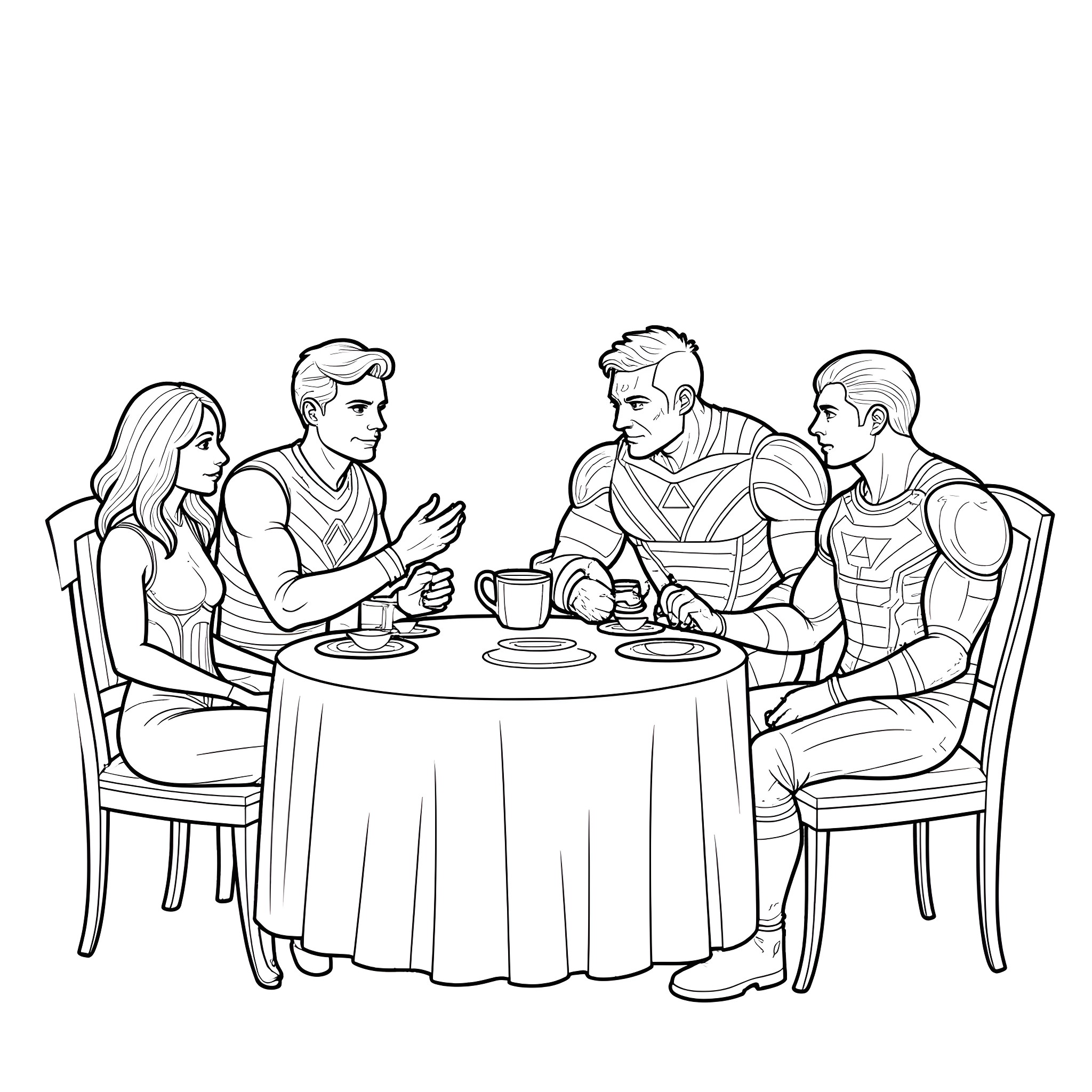 Avengers gather for an informal meeting Coloring Page (free black-and-white line drawing printable PDF for all, from beginners to advanced learners, including children, teens, adults, and seniors)