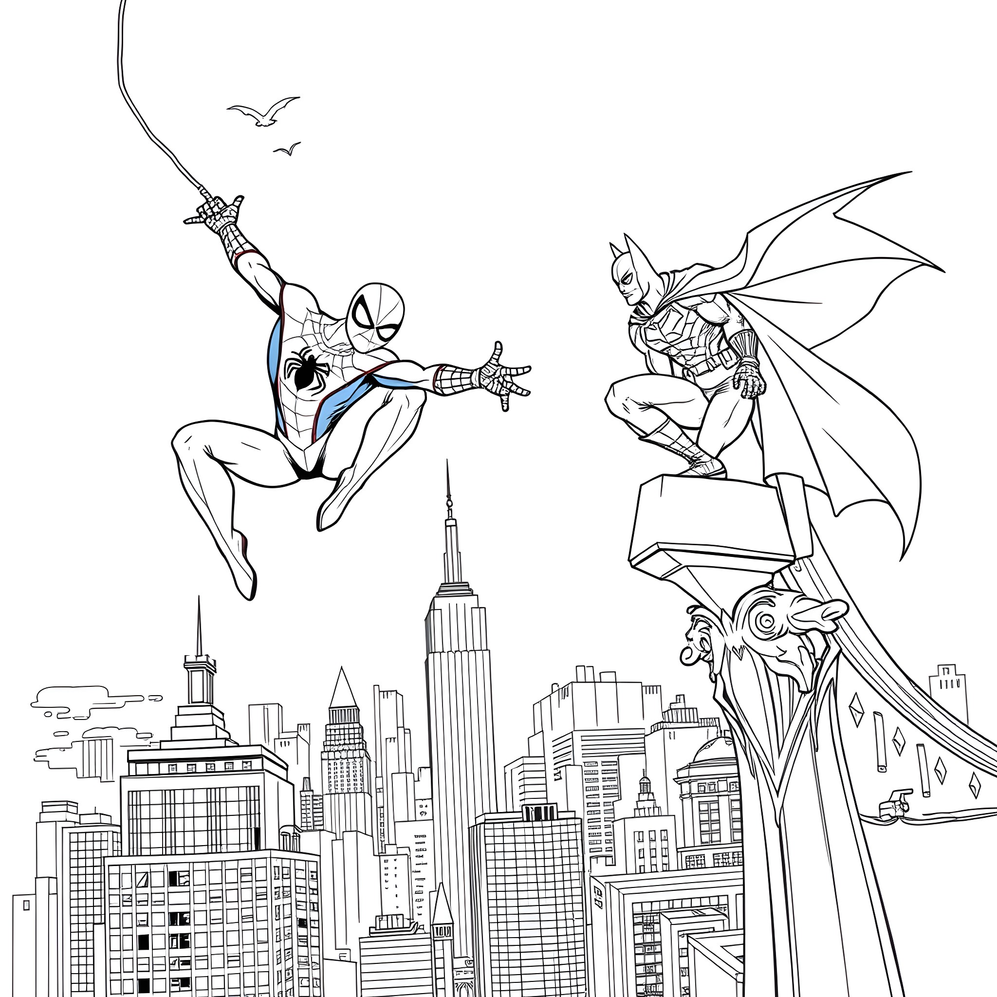 Spider-Man and Batman heroically soar over the city skyline Coloring Page (free black-and-white line drawing printable PDF for all, from beginners to advanced learners, including children, teens, adults, and seniors)