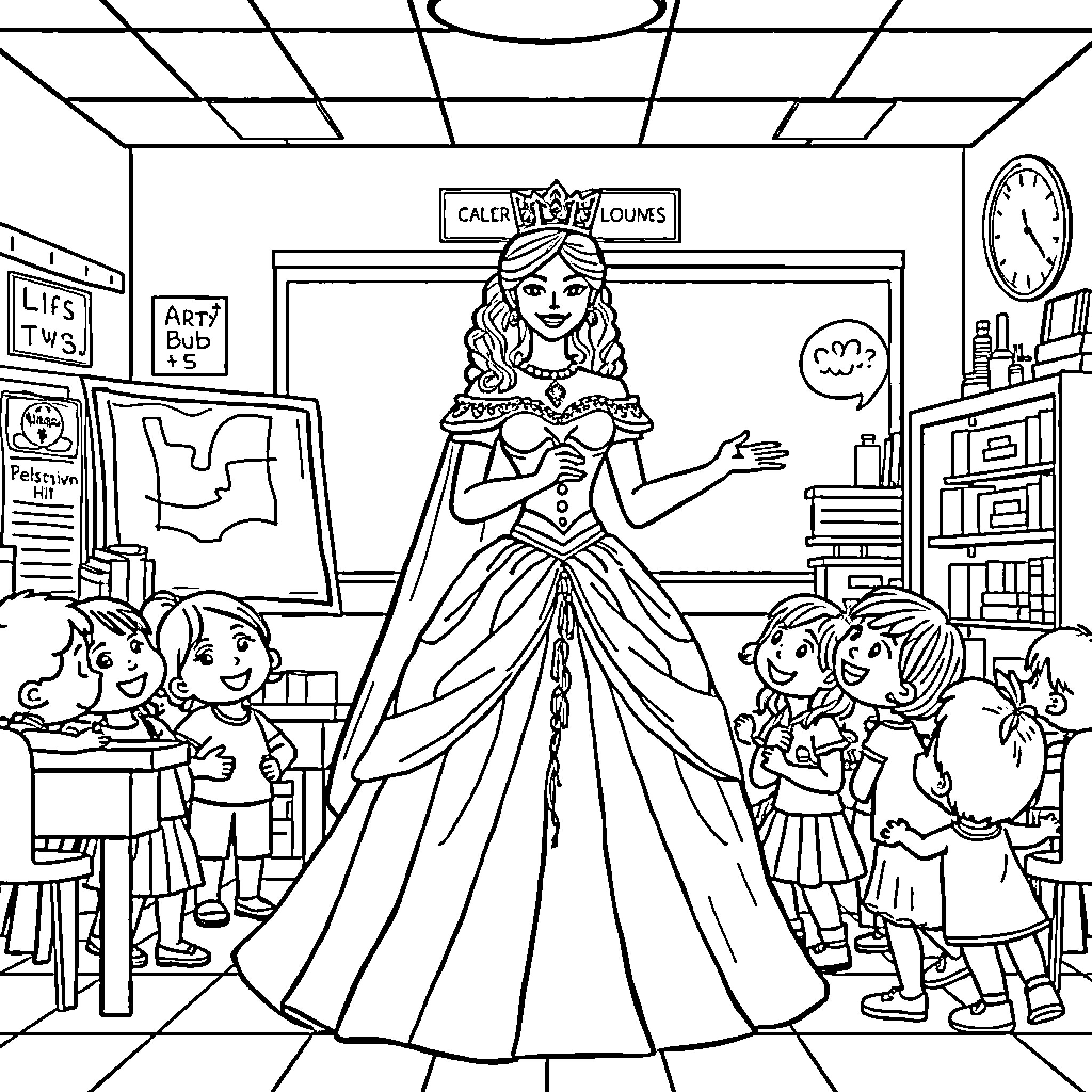 Queen Presides Over Classroom of Delighted Students Coloring Page (free black-and-white line drawing printable PDF for all, from beginners to advanced learners, including children, teens, adults, and seniors)