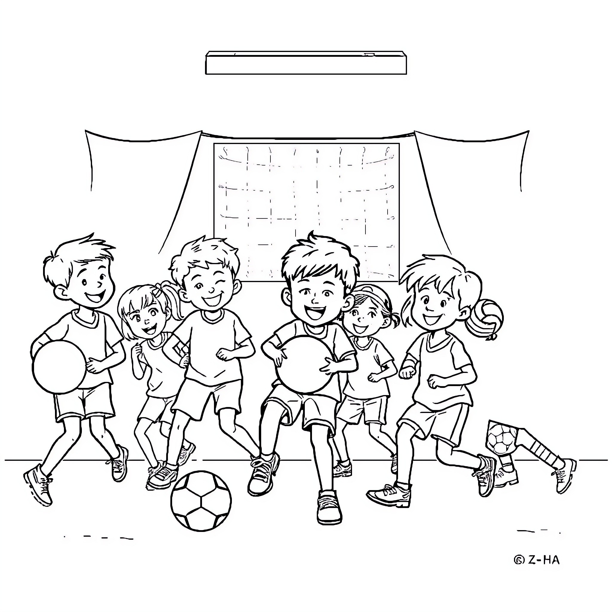 Child group playing soccer together Coloring Page (free black-and-white line drawing printable PDF for all, from beginners to advanced learners, including children, teens, adults, and seniors)