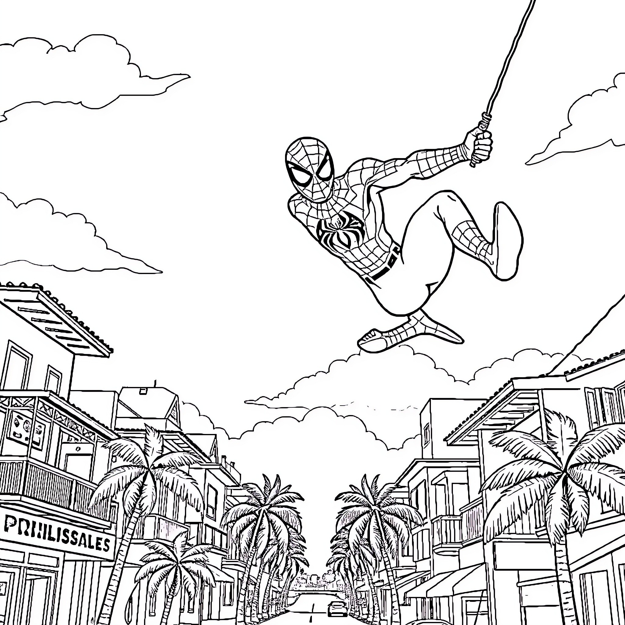 Spiderman swinging through the city streets Coloring Page (free black-and-white line drawing printable PDF for all, from beginners to advanced learners, including children, teens, adults, and seniors)