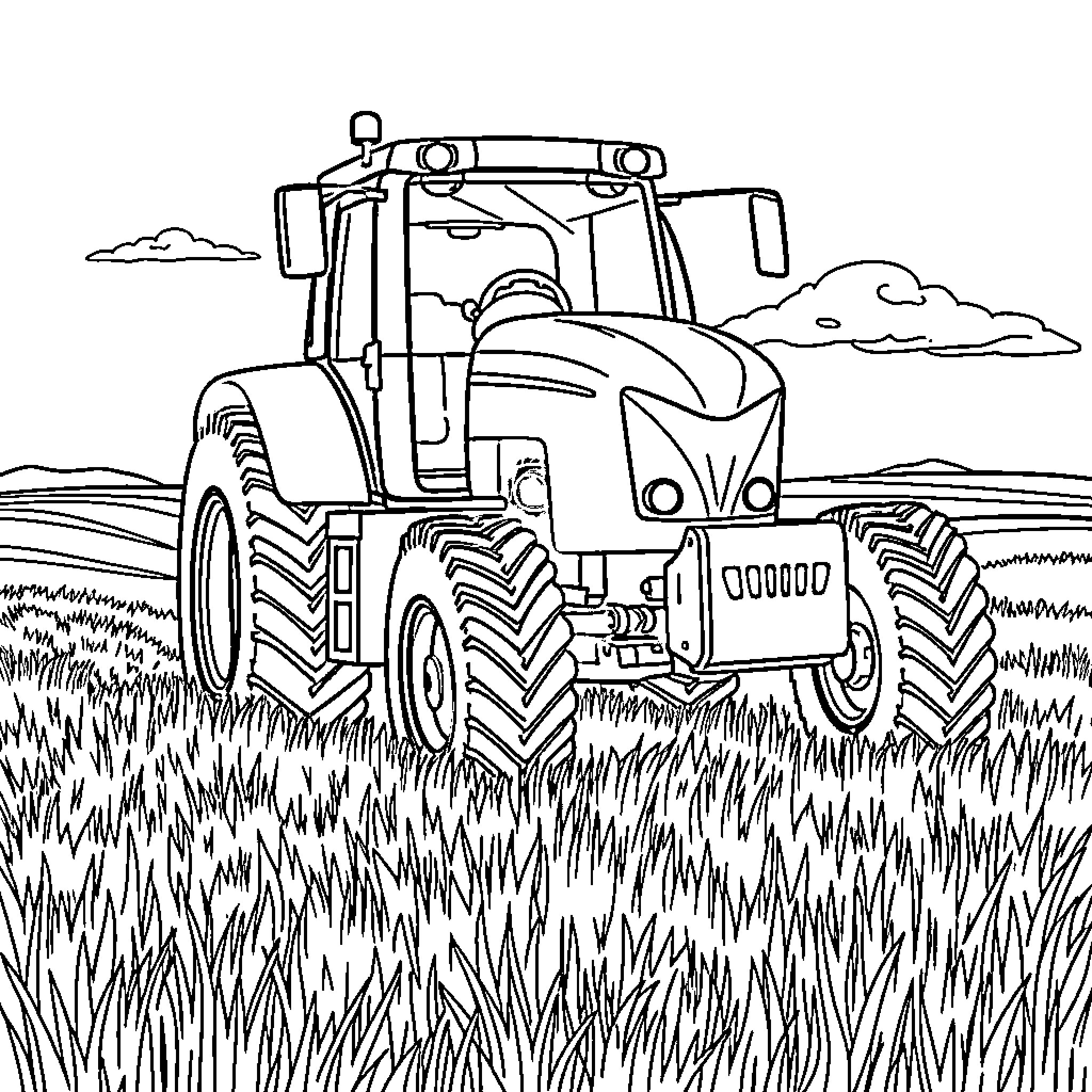 Tractor plowing through a grassy field Coloring Page (free black-and-white line drawing printable PDF for all, from beginners to advanced learners, including children, teens, adults, and seniors)