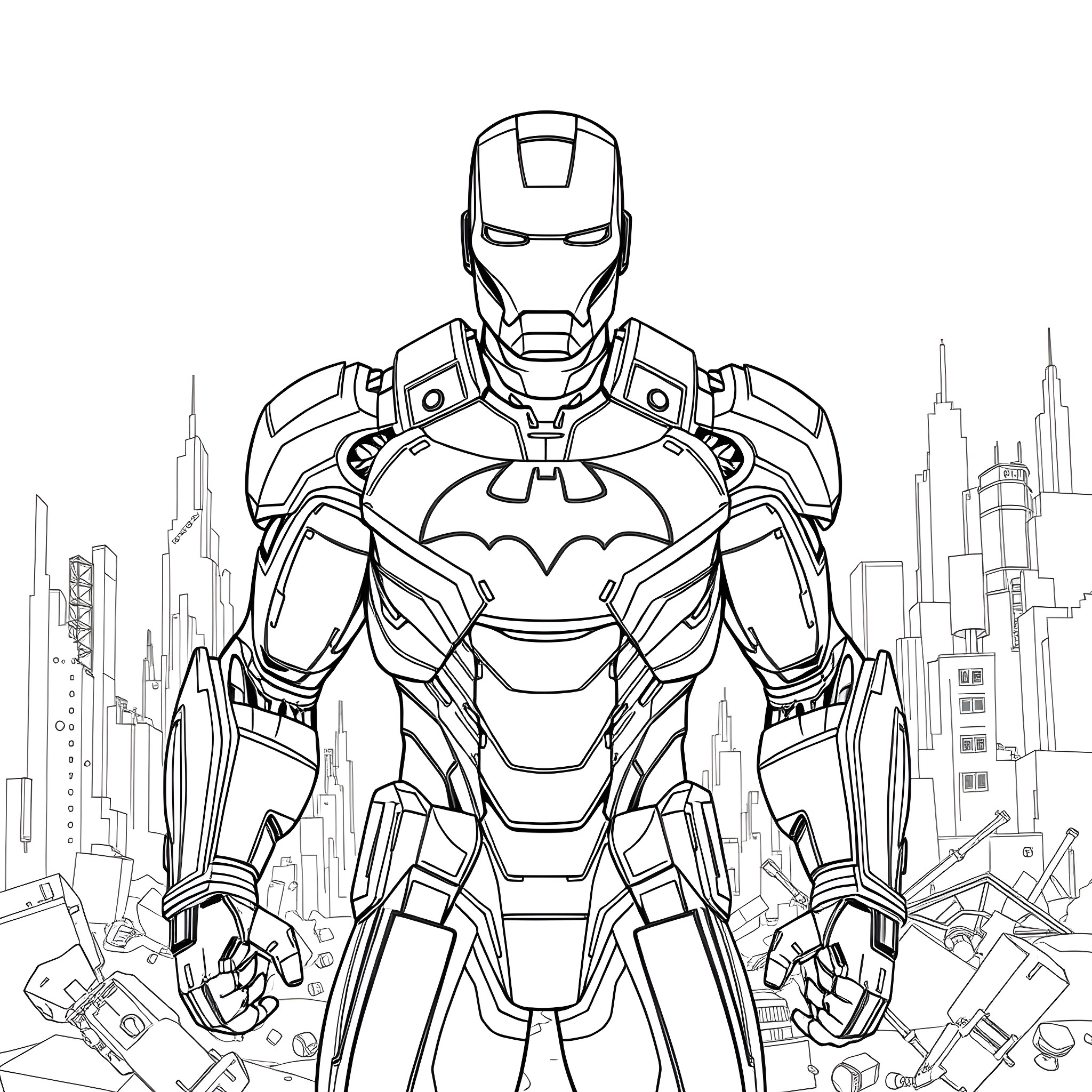 Ironman in Heroic Pose with Cityscape Background Coloring Page (free black-and-white line drawing printable PDF for all, from beginners to advanced learners, including children, teens, adults, and seniors)