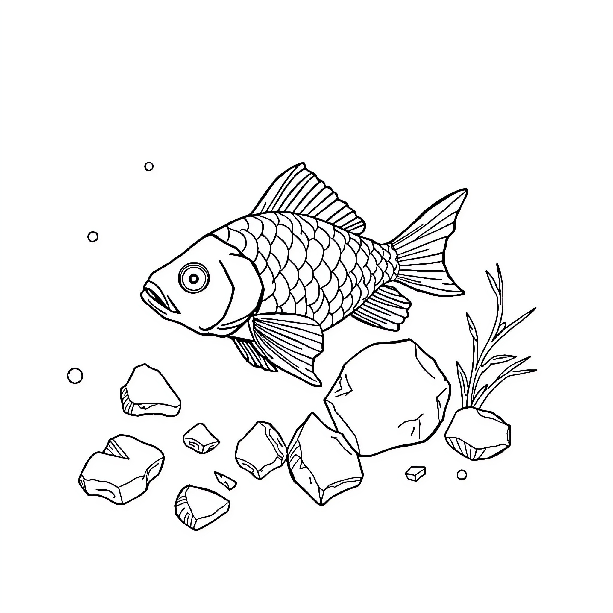 Fish swimming near rocks and plants Coloring Page (free black-and-white line drawing printable PDF for all, from beginners to advanced learners, including children, teens, adults, and seniors)