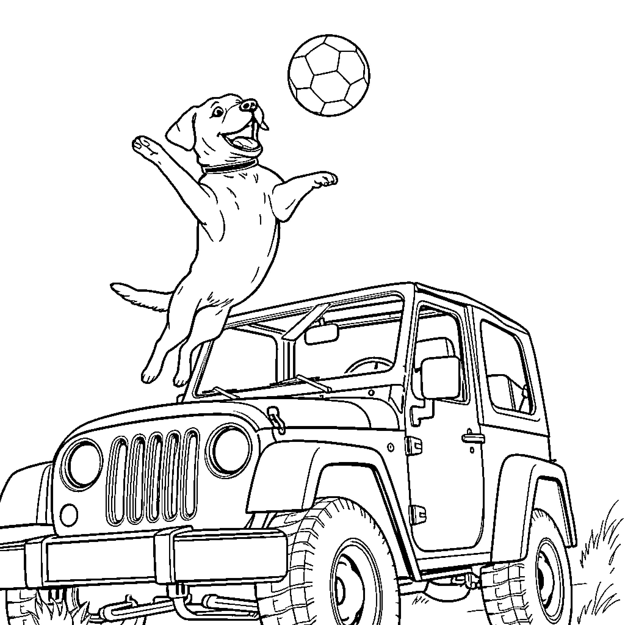 Labrador playing with soccer ball on off-road vehicle Coloring Page (free black-and-white line drawing printable PDF for all, from beginners to advanced learners, including children, teens, adults, and seniors)
