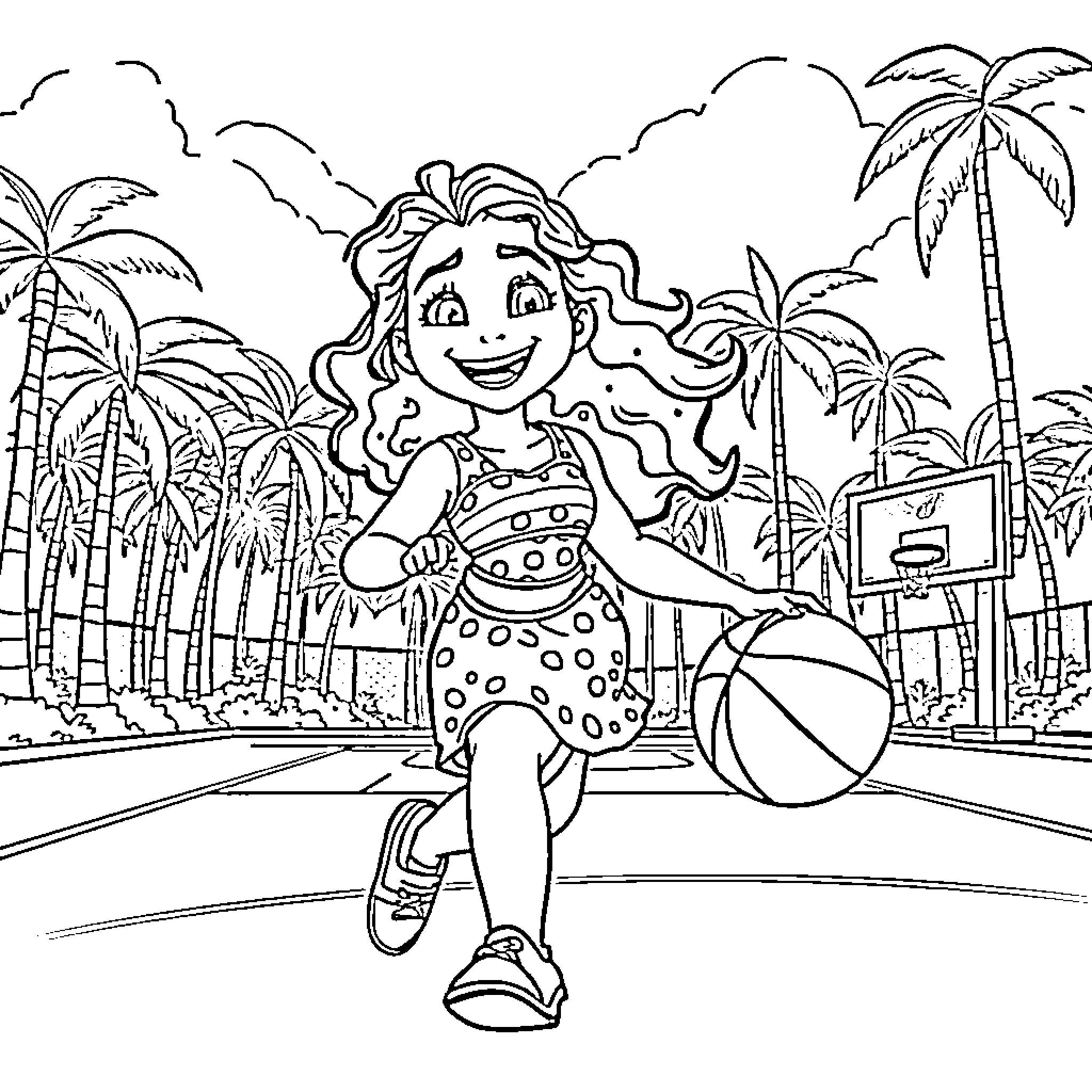 Moana playing joyfully on the beach Coloring Page (free black-and-white line drawing printable PDF for all, from beginners to advanced learners, including children, teens, adults, and seniors)