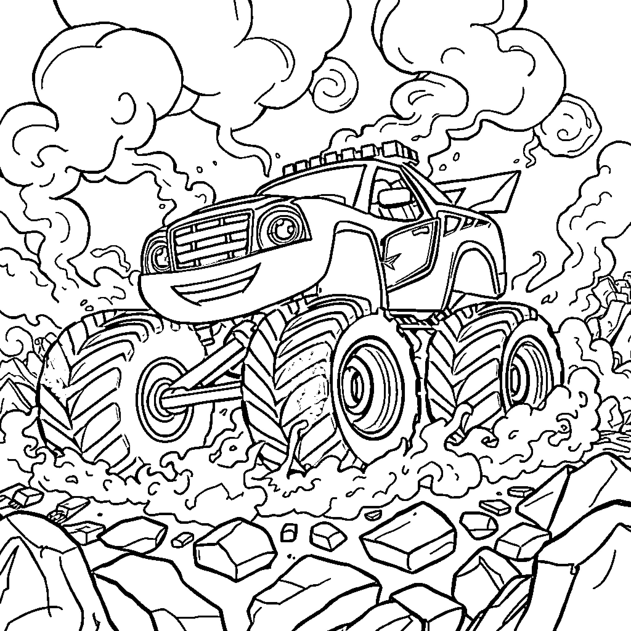 Blaze Blazing Through Rugged Terrain Coloring Page (free black-and-white line drawing printable PDF for all, from beginners to advanced learners, including children, teens, adults, and seniors)