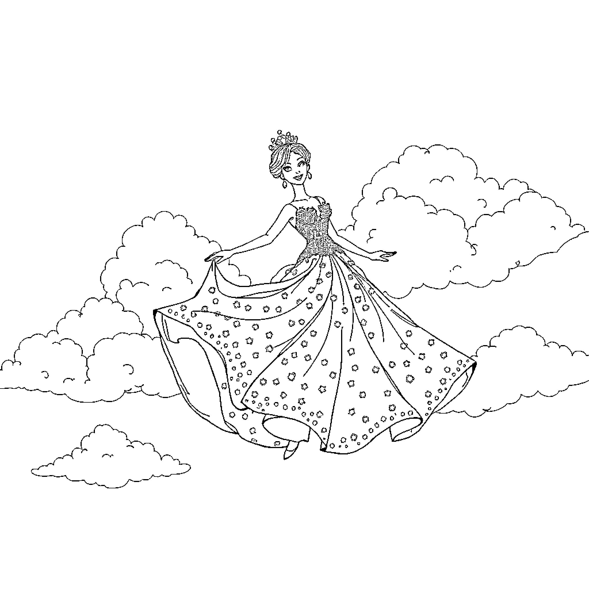Princess dancing gracefully among the clouds Coloring Page (free black-and-white line drawing printable PDF for all, from beginners to advanced learners, including children, teens, adults, and seniors)