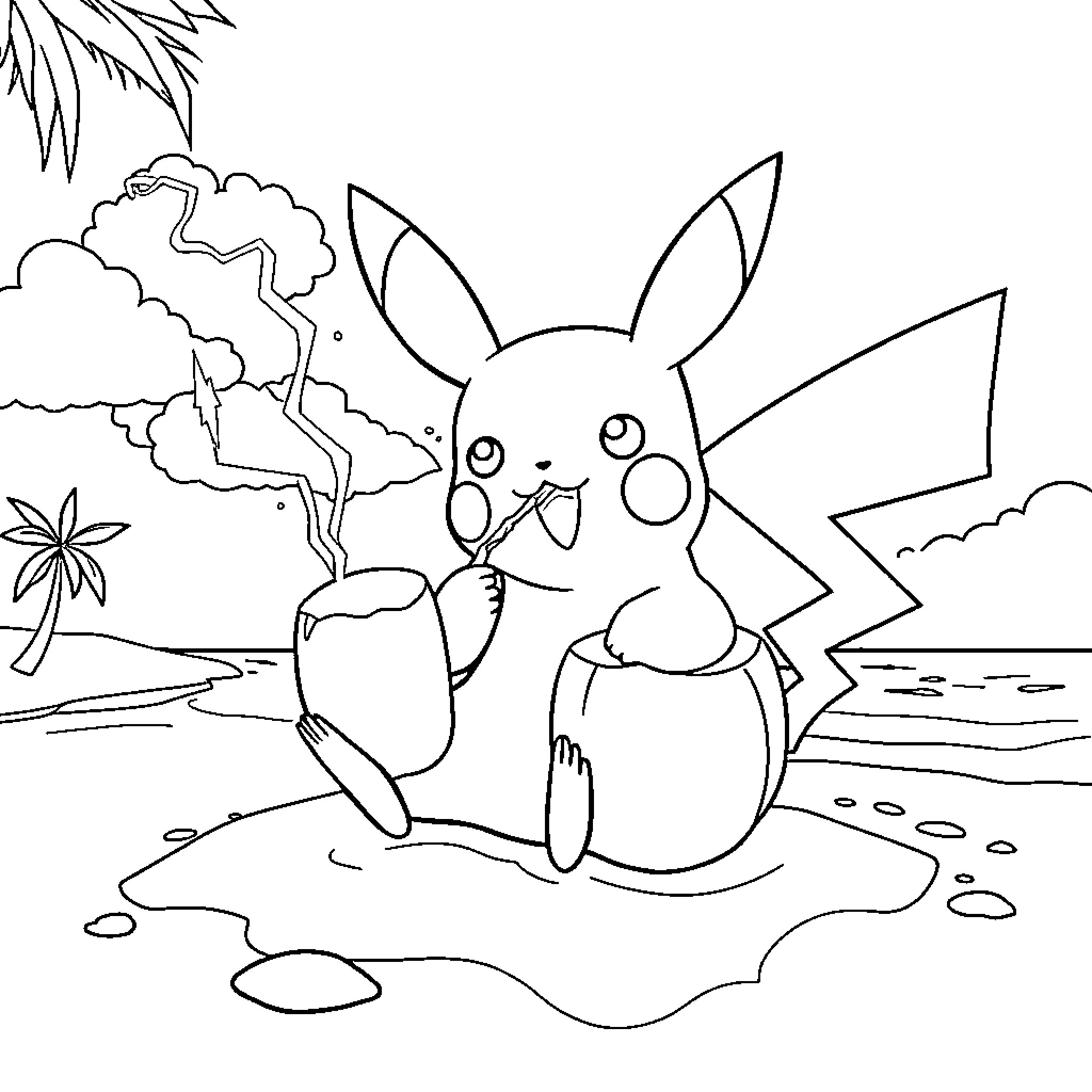 Pikachu relaxing on the beach Coloring Page (free black-and-white line drawing printable PDF for all, from beginners to advanced learners, including children, teens, adults, and seniors)