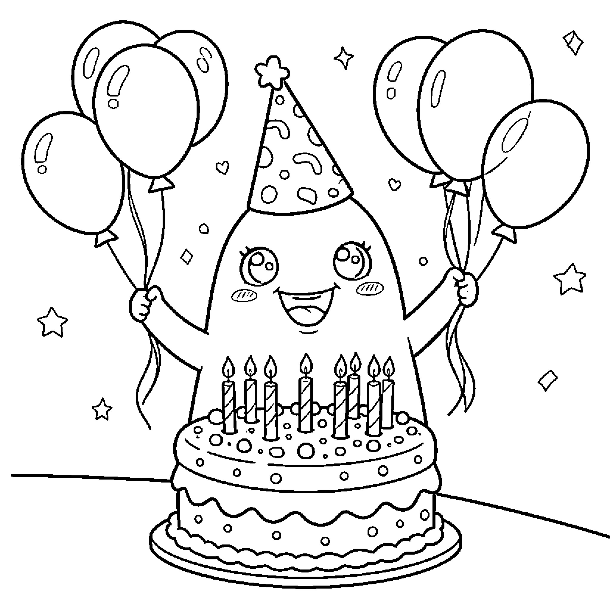 Psykokwak celebrating a birthday party with balloons Coloring Page (free black-and-white line drawing printable PDF for all, from beginners to advanced learners, including children, teens, adults, and seniors)
