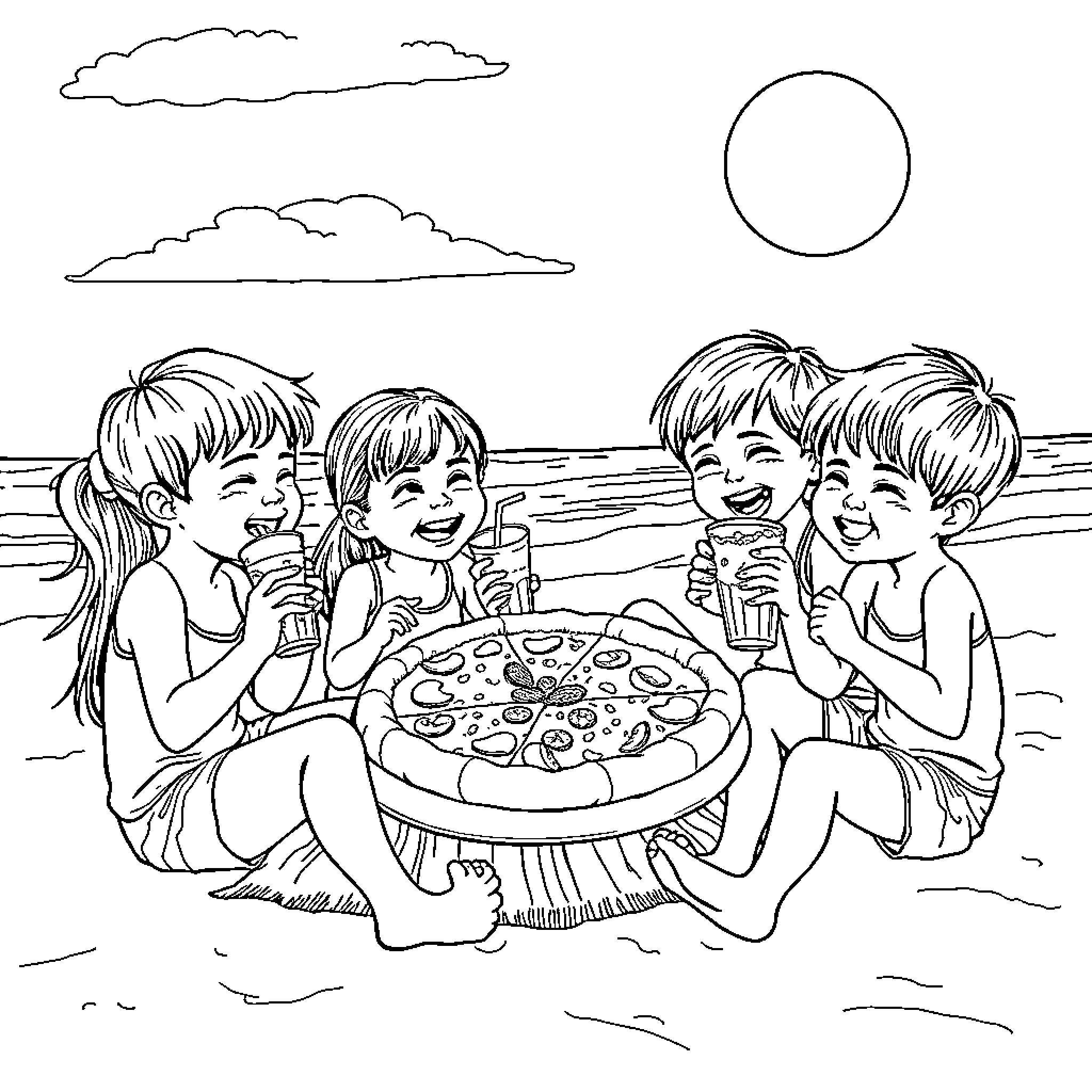 Child friends enjoying pizza at the beach Coloring Page (free black-and-white line drawing printable PDF for all, from beginners to advanced learners, including children, teens, adults, and seniors)