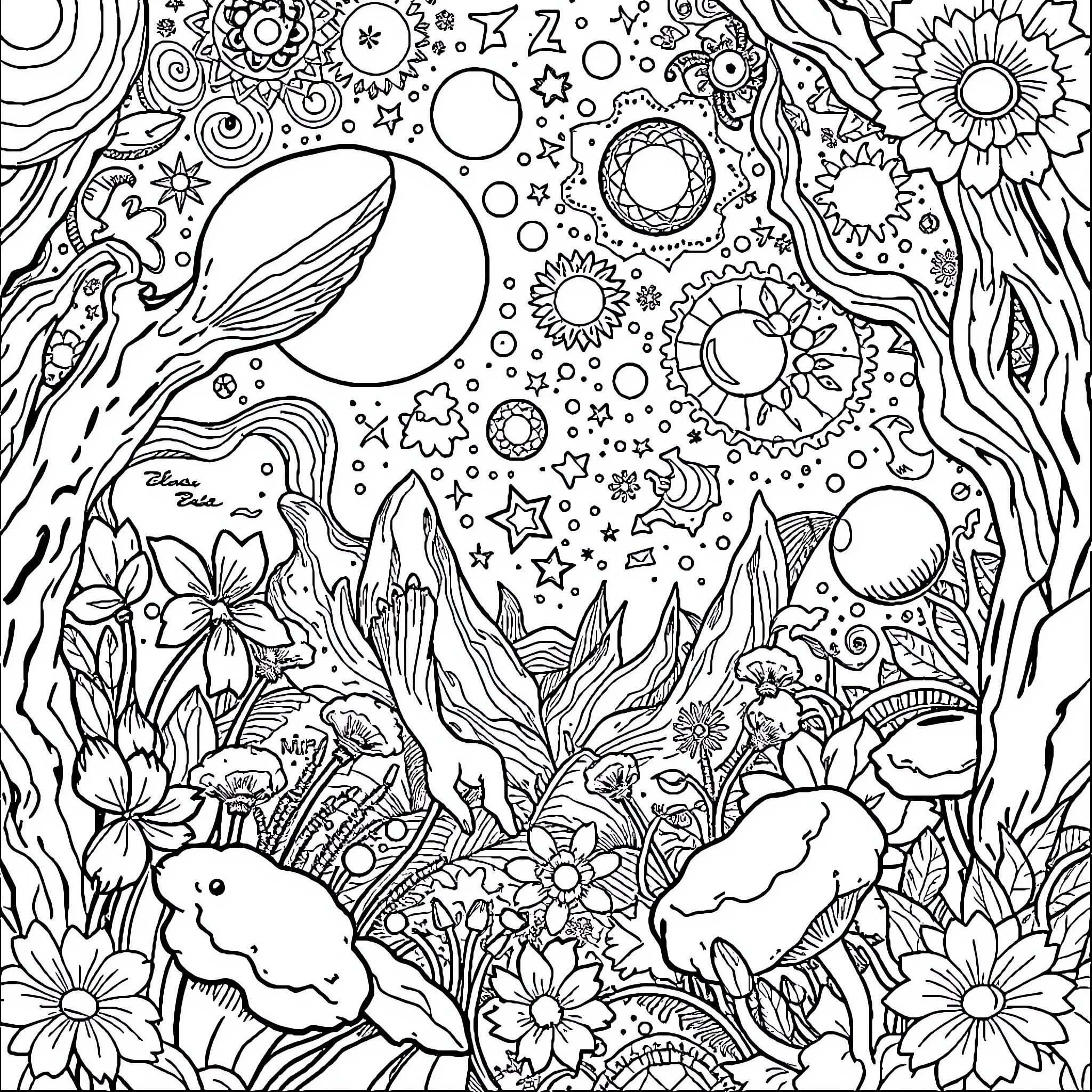 Science of Whimsical Nature and Imagination Coloring Page (free black-and-white line drawing printable PDF for all, from beginners to advanced learners, including children, teens, adults, and seniors)