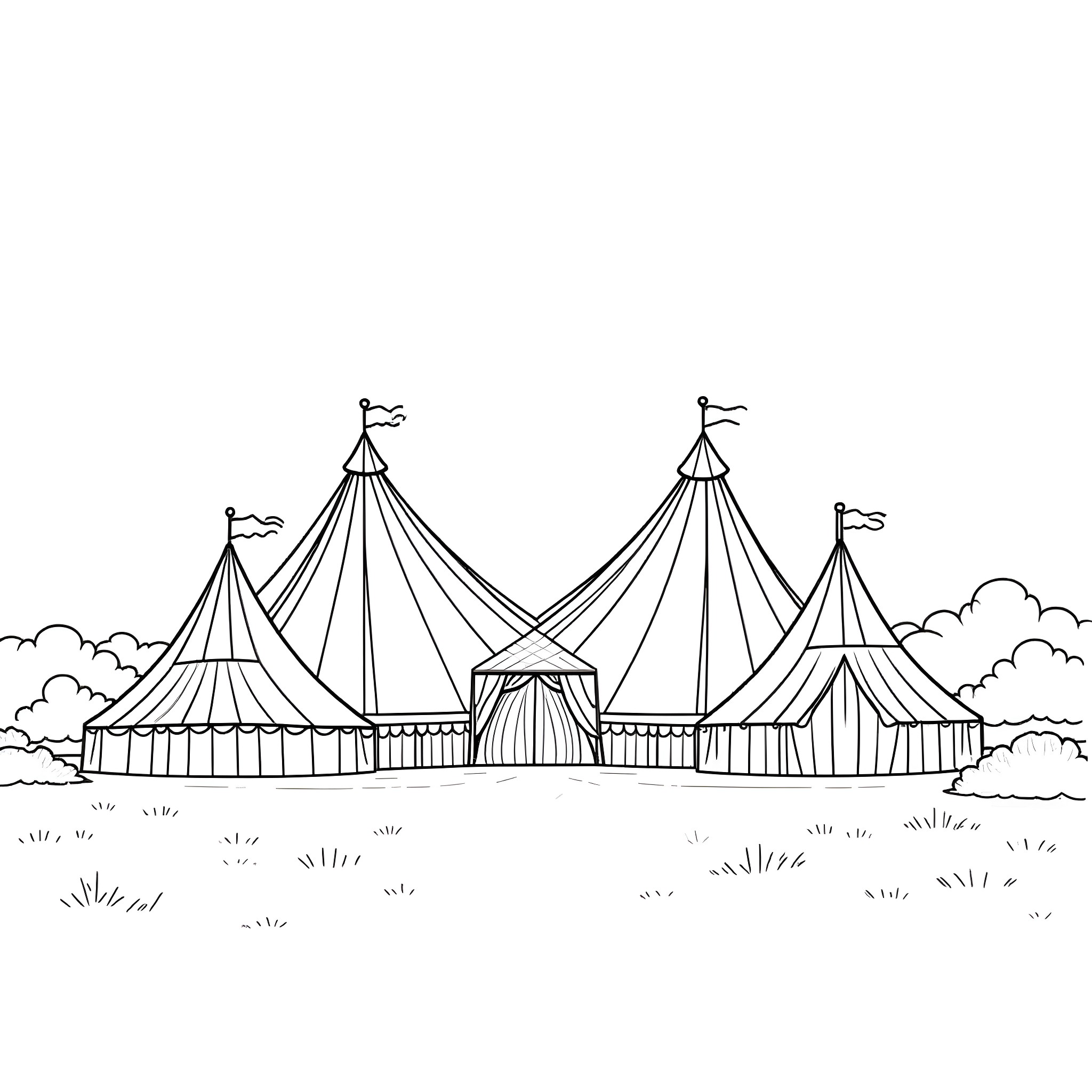 Tent circus tent in the outdoor landscape Coloring Page (free black-and-white line drawing printable PDF for all, from beginners to advanced learners, including children, teens, adults, and seniors)