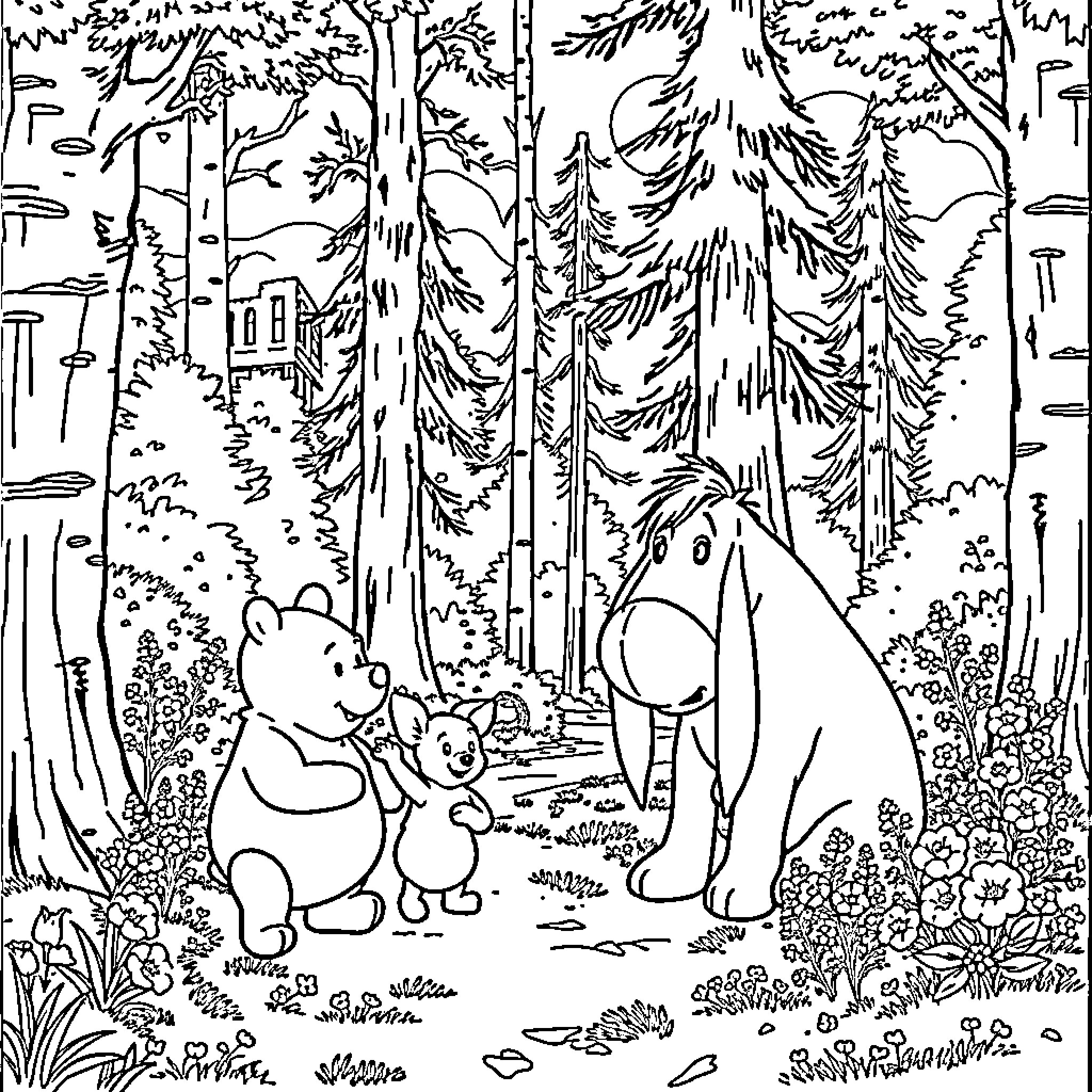 Animals exploring the enchanted forest Coloring Page (free black-and-white line drawing printable PDF for all, from beginners to advanced learners, including children, teens, adults, and seniors)