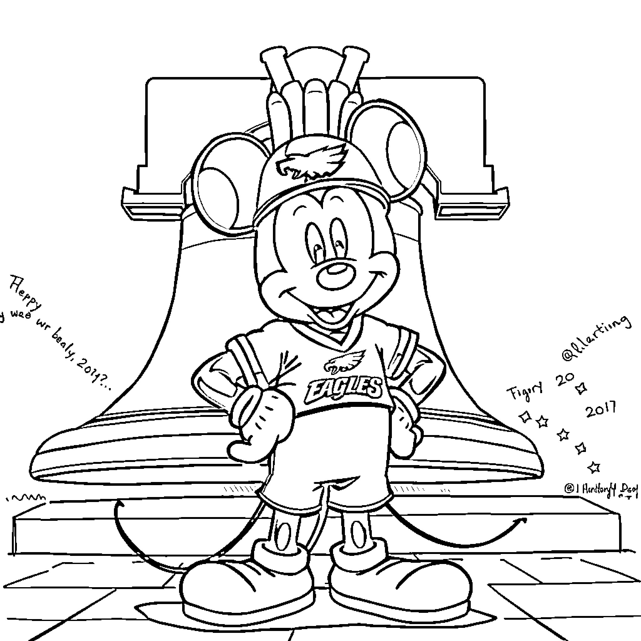 Mickey Mouse as an Eagles Fan Coloring Page (free black-and-white line drawing printable PDF for all, from beginners to advanced learners, including children, teens, adults, and seniors)
