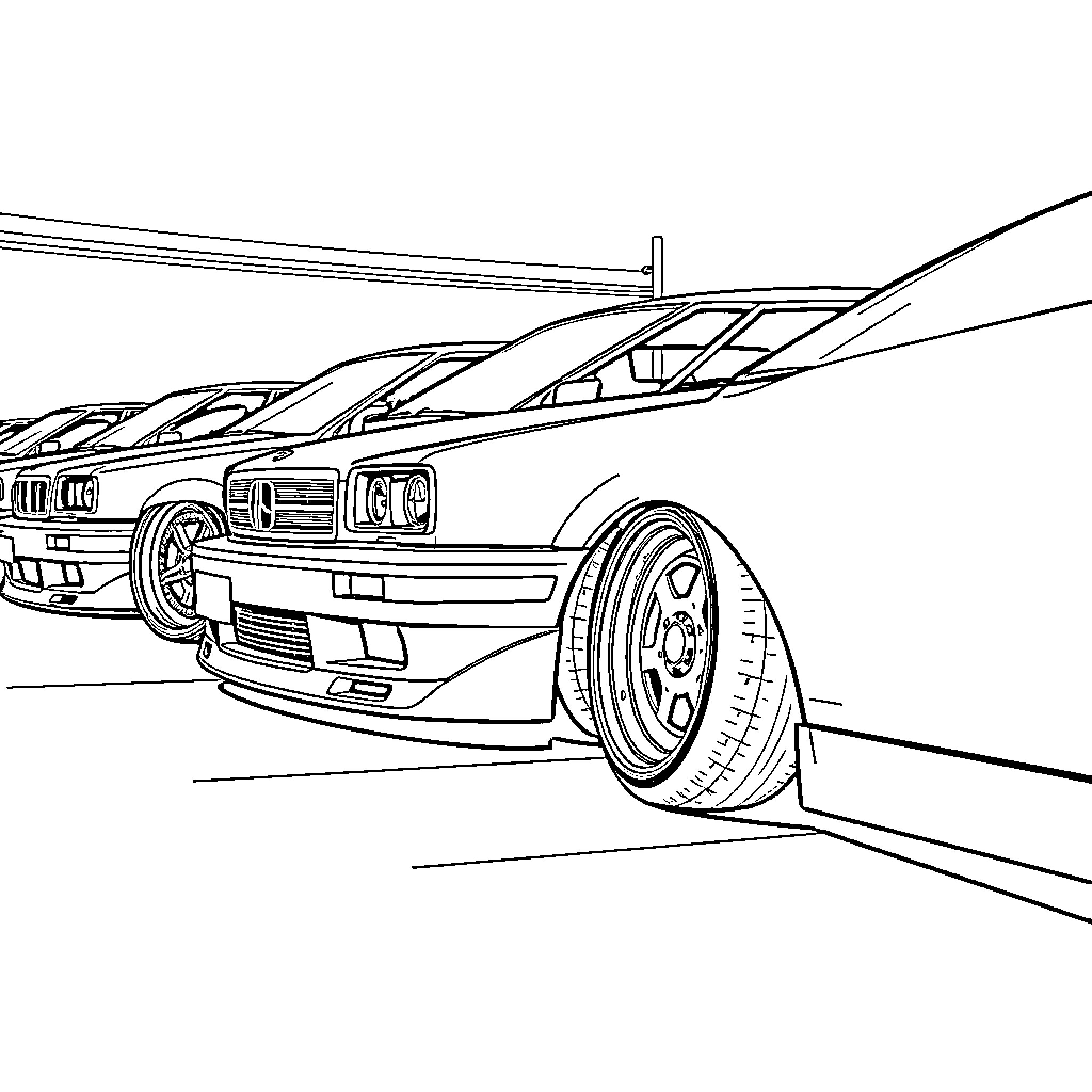 Car speeding on the road in black and white Coloring Page (free black-and-white line drawing printable PDF for all, from beginners to advanced learners, including children, teens, adults, and seniors)
