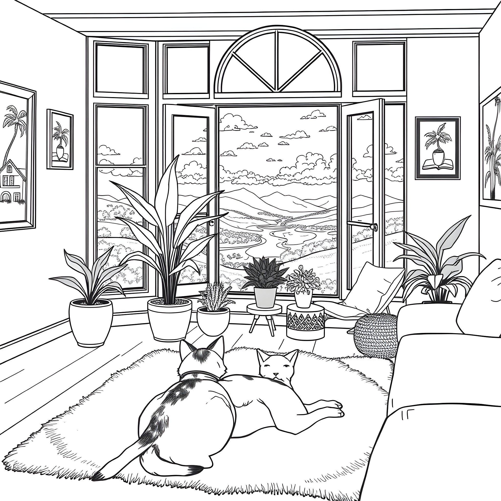Cat and Dog Enjoying a Cozy Indoor Scene Coloring Page (free black-and-white line drawing printable PDF for all, from beginners to advanced learners, including children, teens, adults, and seniors)