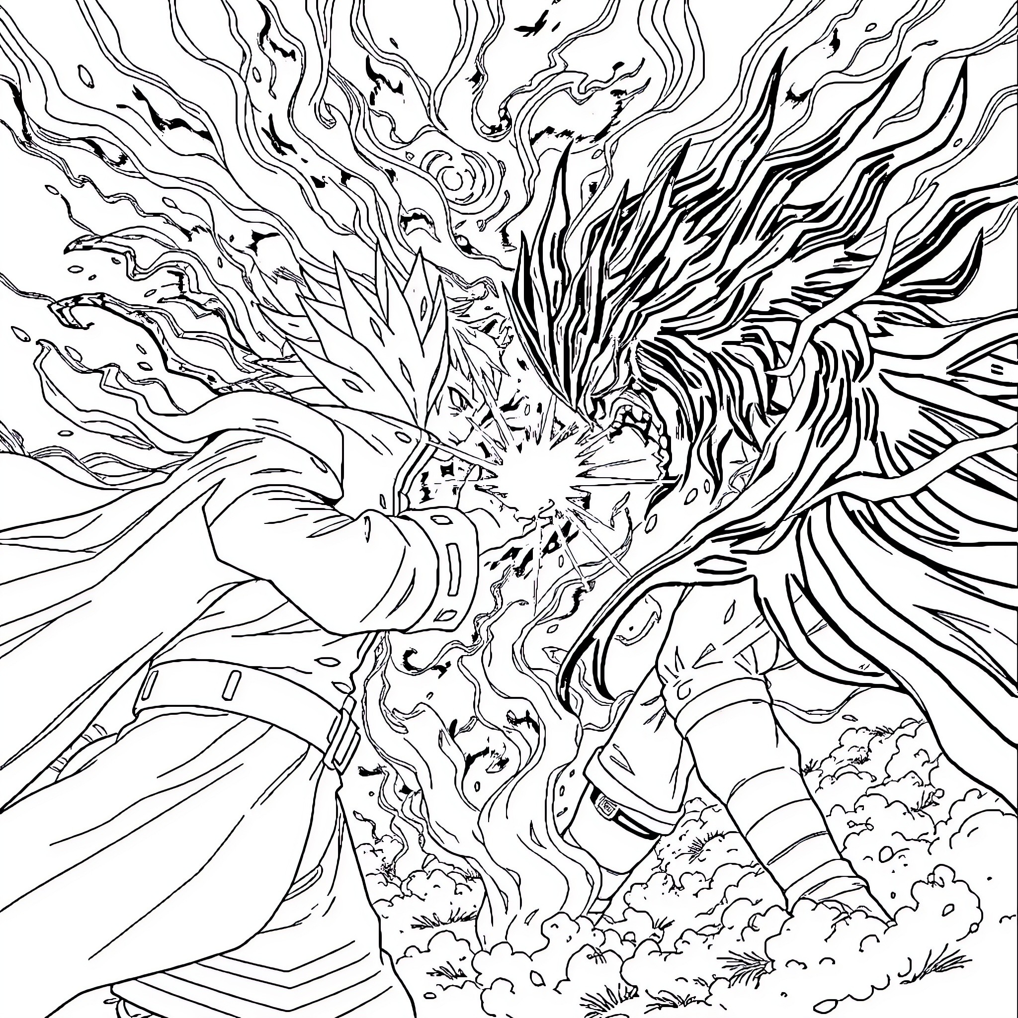 Naruto Unleashing Powerful Jutsu Amidst Swirling Energy Coloring Page (free black-and-white line drawing printable PDF for all, from beginners to advanced learners, including children, teens, adults, and seniors)