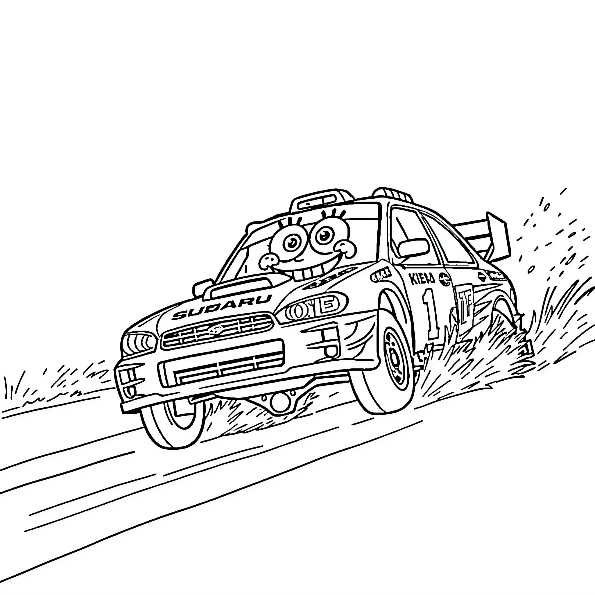 Subaru Rally Car in Action Coloring Page (free black-and-white line drawing printable PDF for all, from beginners to advanced learners, including children, teens, adults, and seniors)