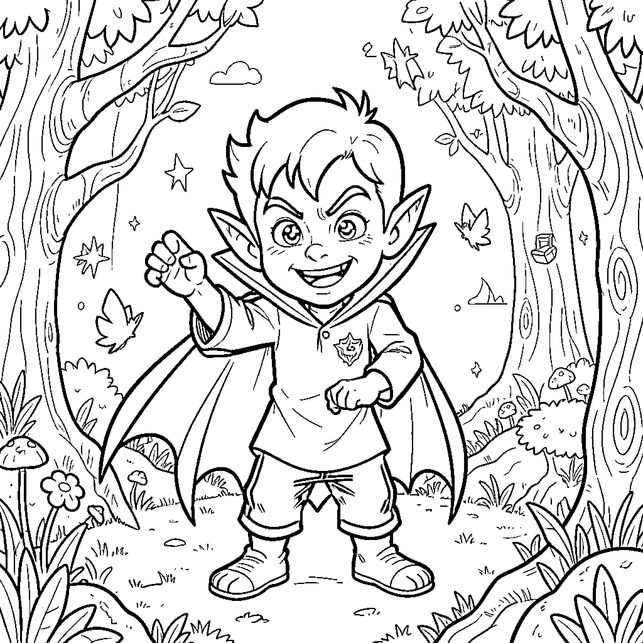 Rüdiger posing confidently in a forest with a cape Coloring Page (free black-and-white line drawing printable PDF for all, from beginners to advanced learners, including children, teens, adults, and seniors)