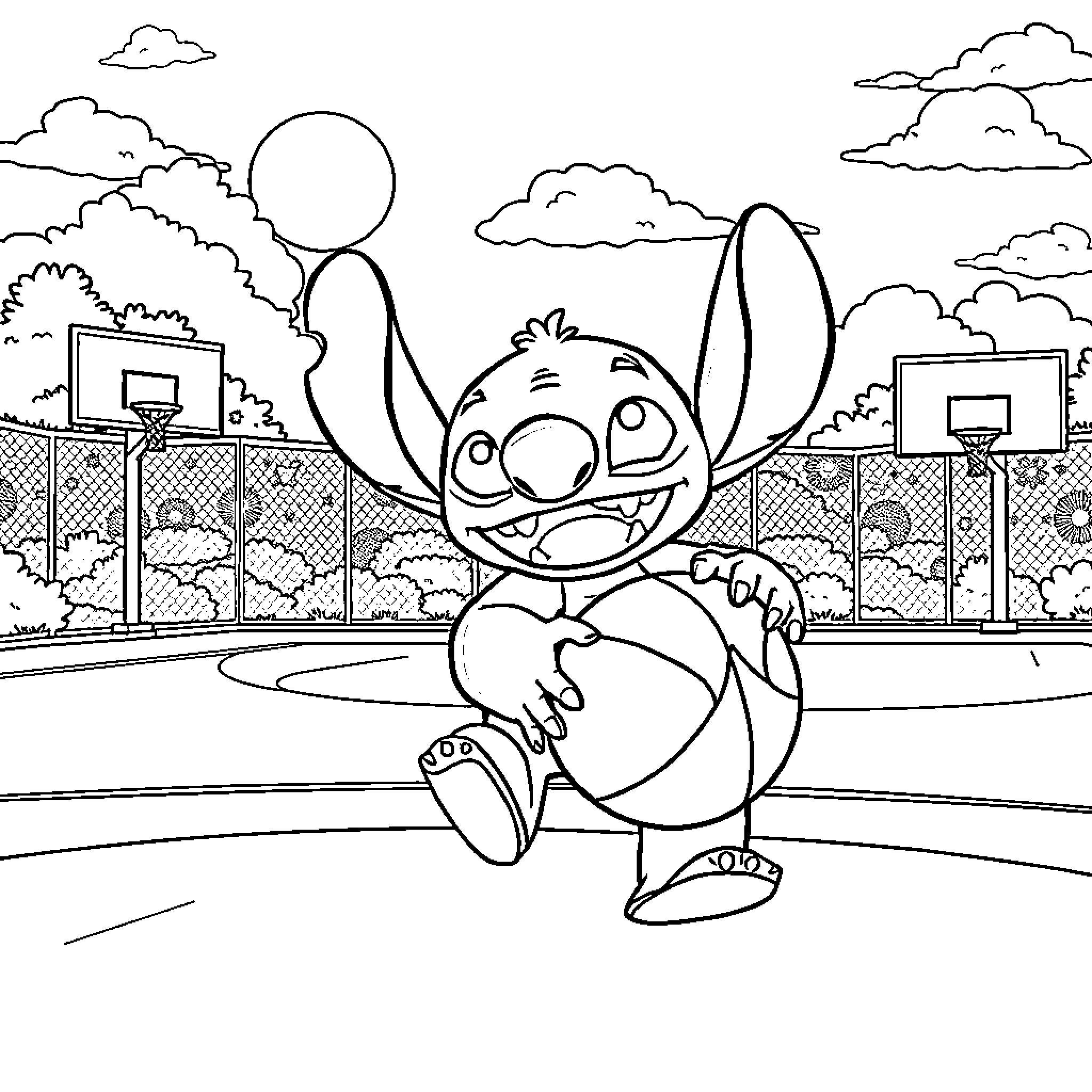 Stitch playing basketball on a sunny court Coloring Page (free black-and-white line drawing printable PDF for all, from beginners to advanced learners, including children, teens, adults, and seniors)