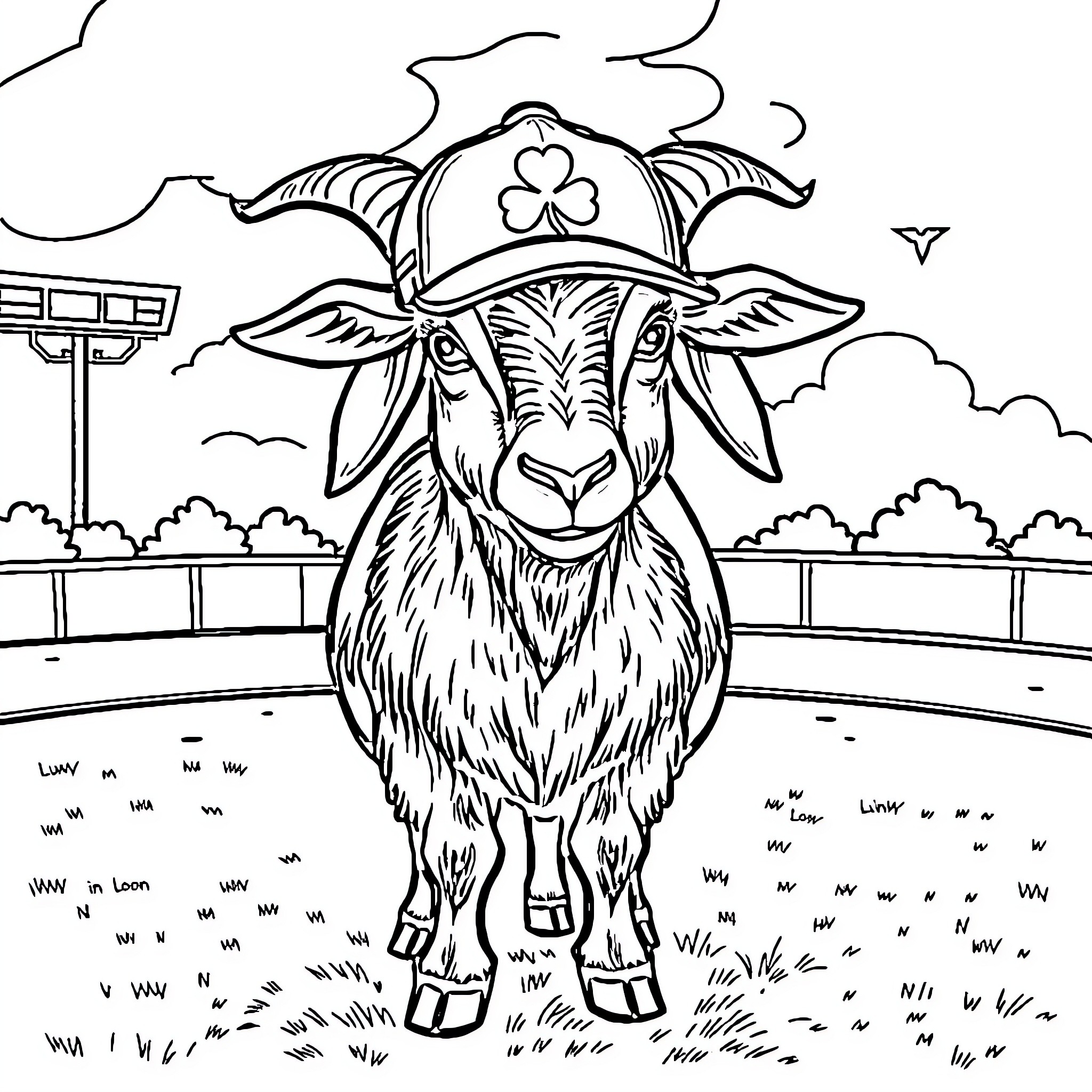 Goat wearing a hat with a four-leaf clover in a rural setting Coloring Page (free black-and-white line drawing printable PDF for all, from beginners to advanced learners, including children, teens, adults, and seniors)