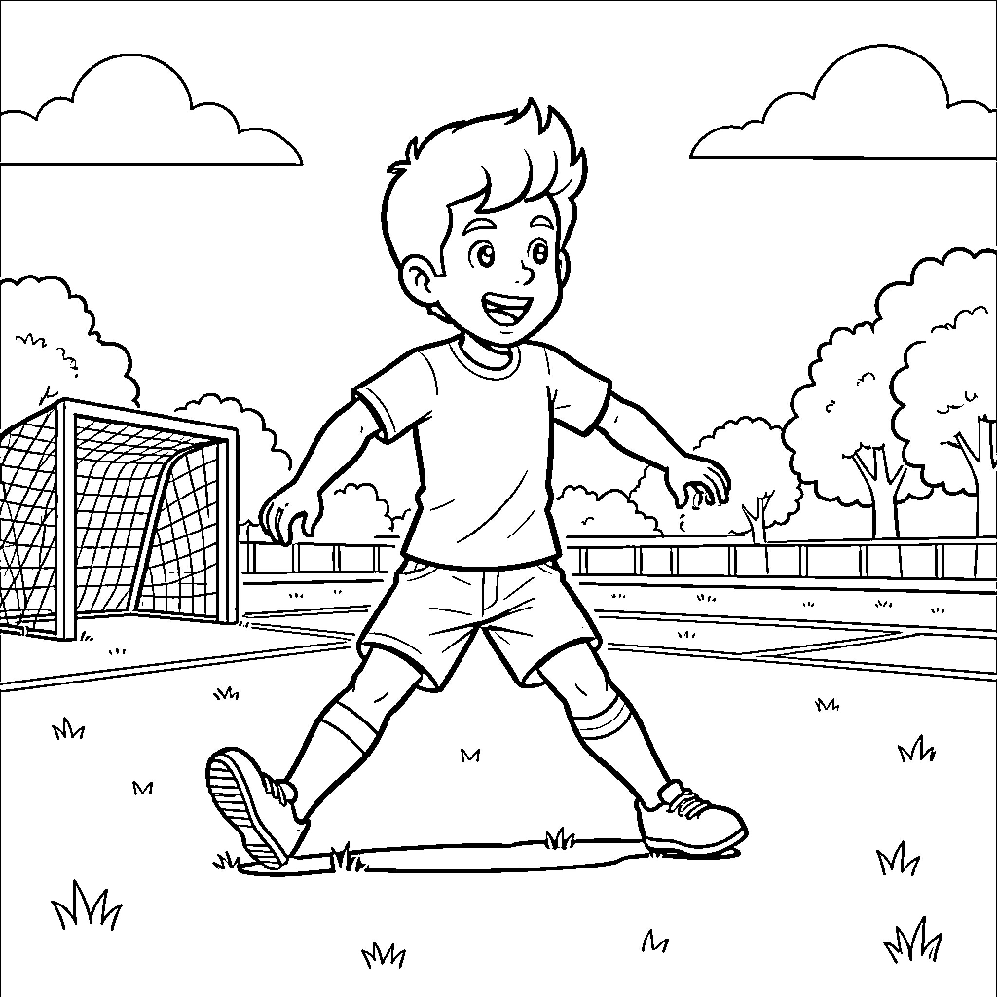 Bobby kicking a soccer ball on the field Coloring Page (free black-and-white line drawing printable PDF for all, from beginners to advanced learners, including children, teens, adults, and seniors)