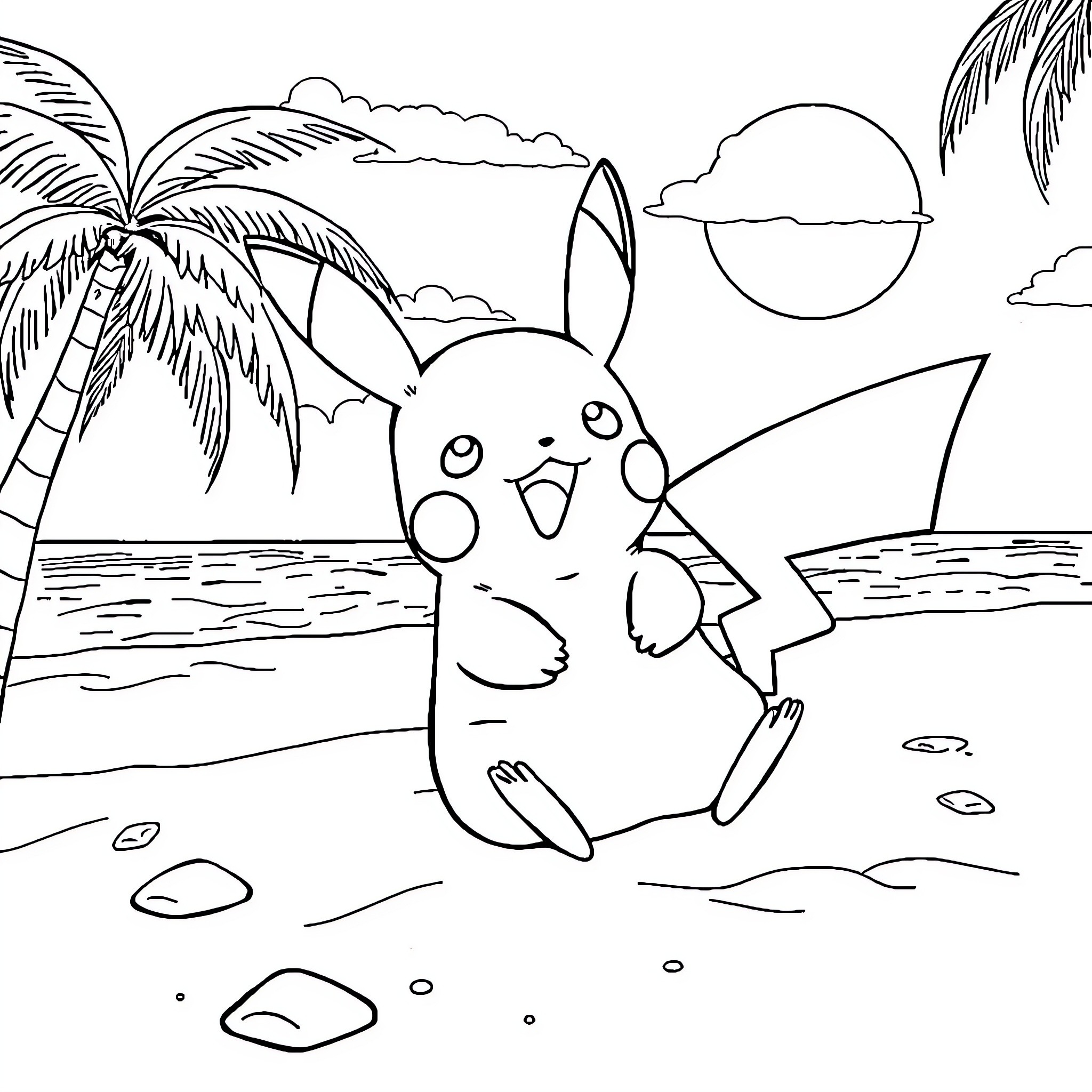 Pikachu enjoys a sunny day at the beach Coloring Page (free black-and-white line drawing printable PDF for all, from beginners to advanced learners, including children, teens, adults, and seniors)