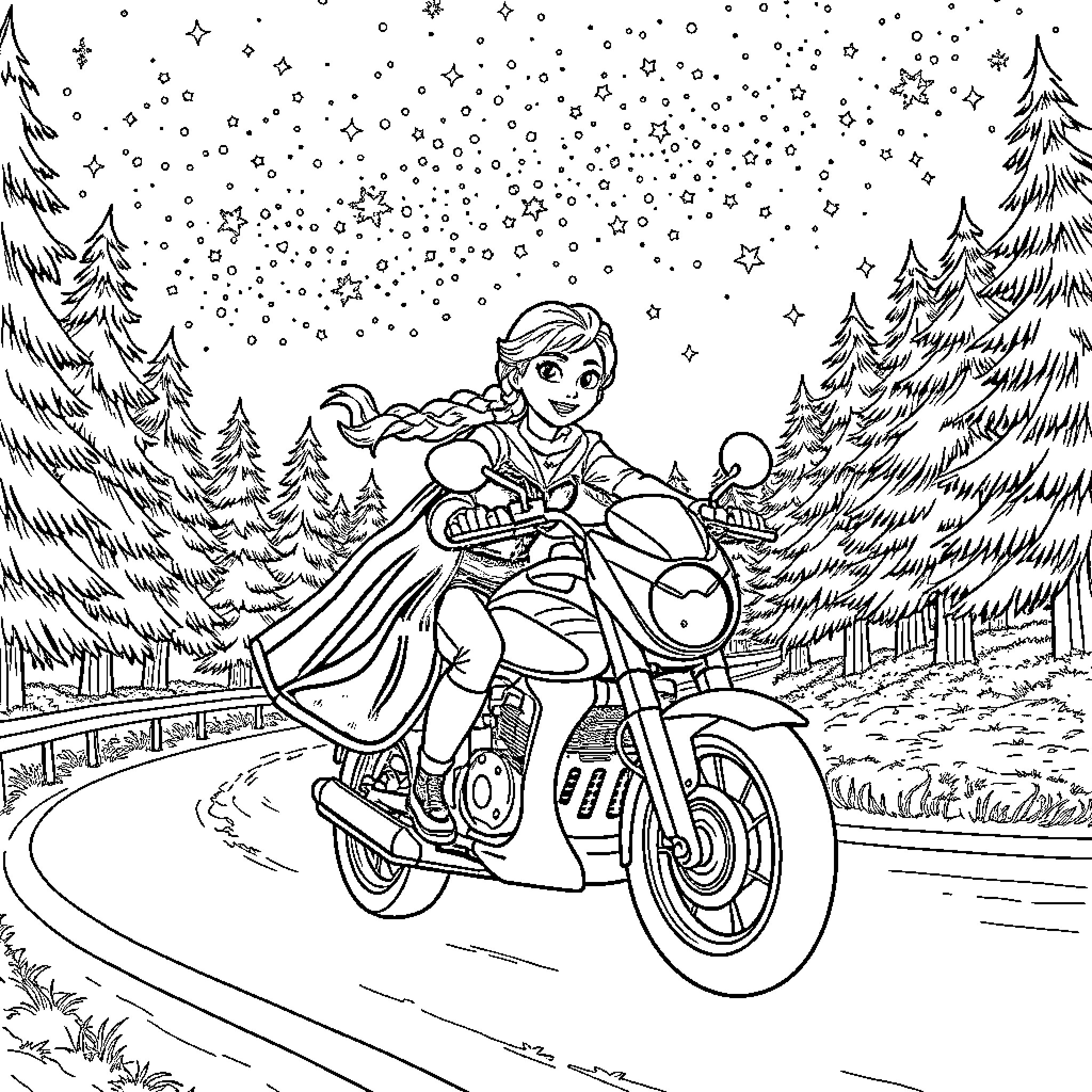 Elsa and Anna riding a motorcycle through a winter wonderland Coloring Page (free black-and-white line drawing printable PDF for all, from beginners to advanced learners, including children, teens, adults, and seniors)