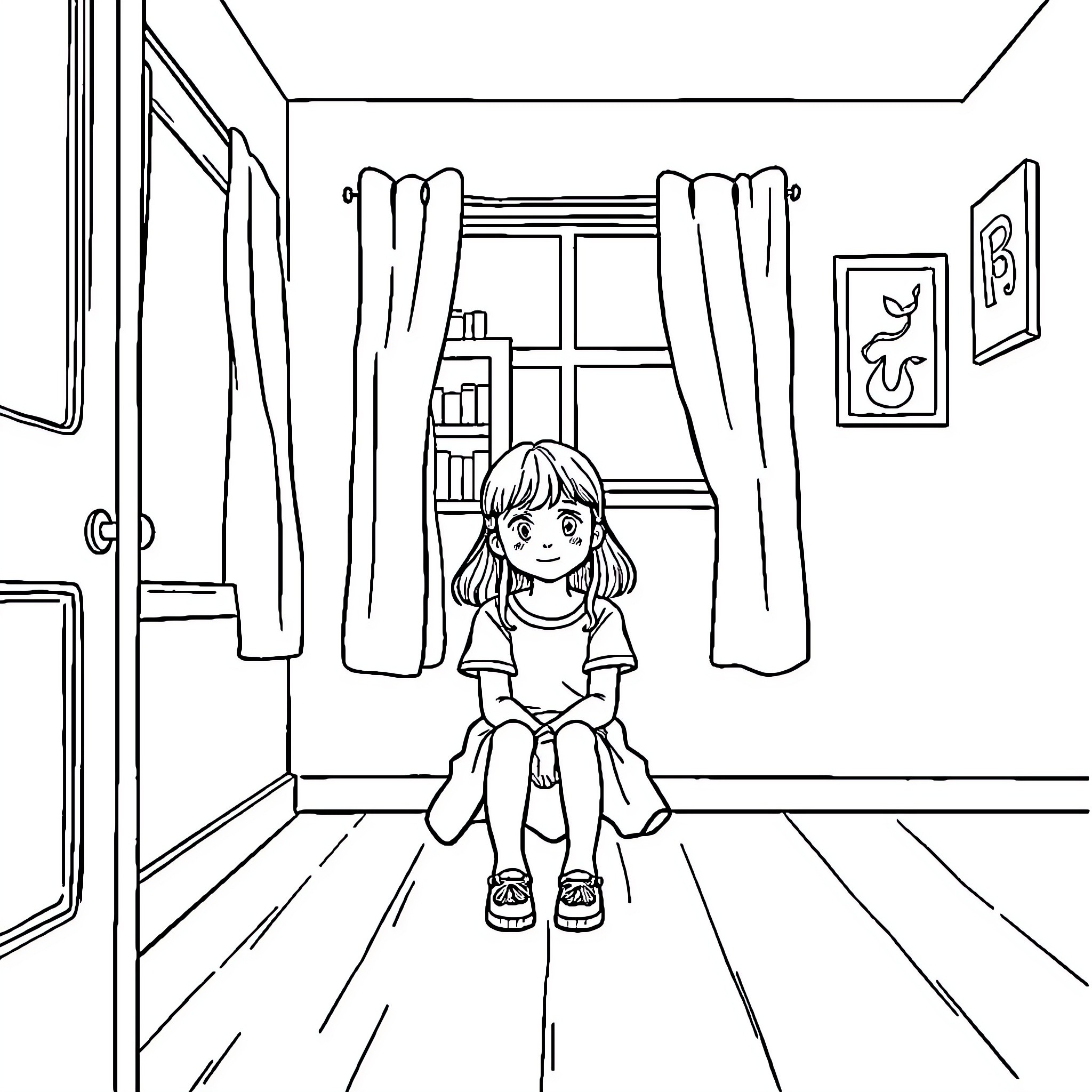 Girl sitting alone in cozy bedroom Coloring Page (free black-and-white line drawing printable PDF for all, from beginners to advanced learners, including children, teens, adults, and seniors)