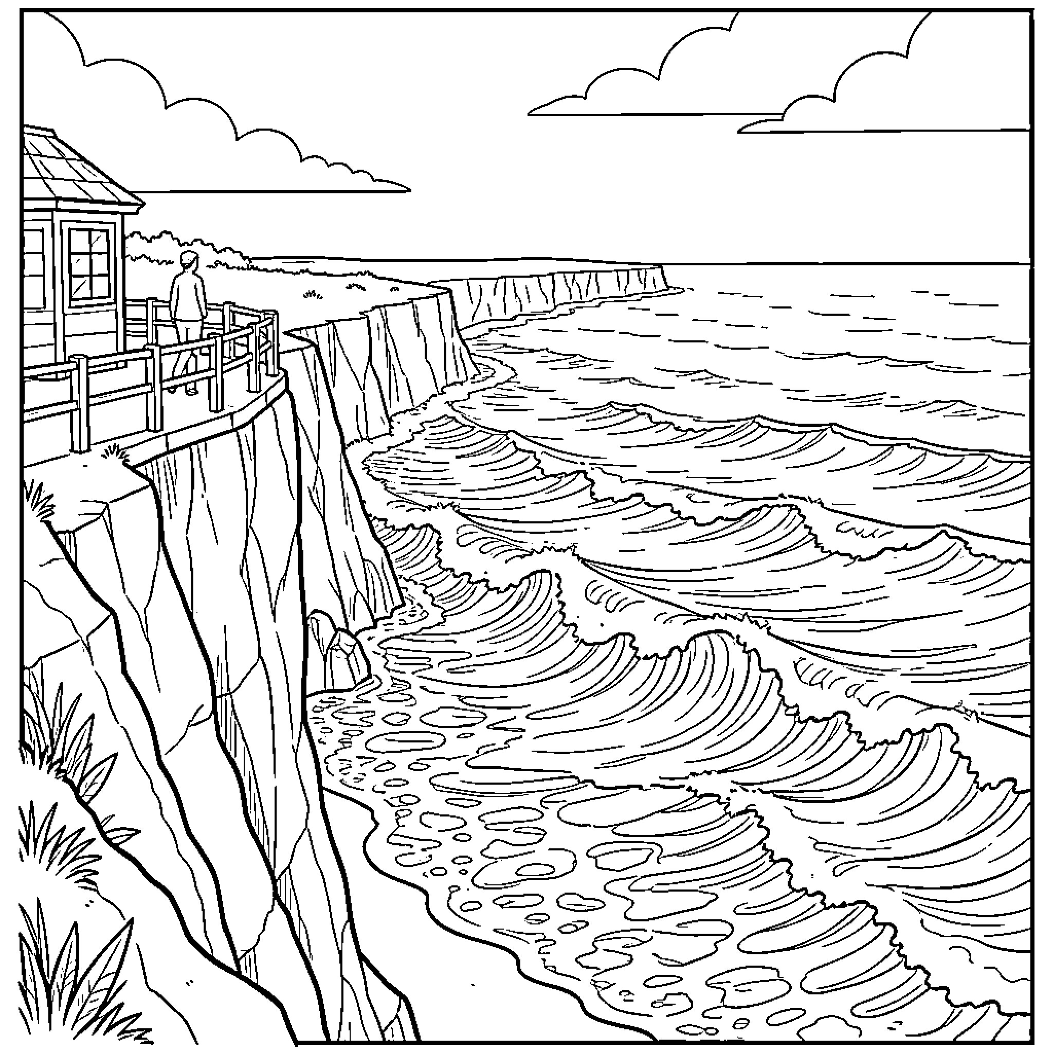 Beach scene with waves and coastal structures Coloring Page (free black-and-white line drawing printable PDF for all, from beginners to advanced learners, including children, teens, adults, and seniors)