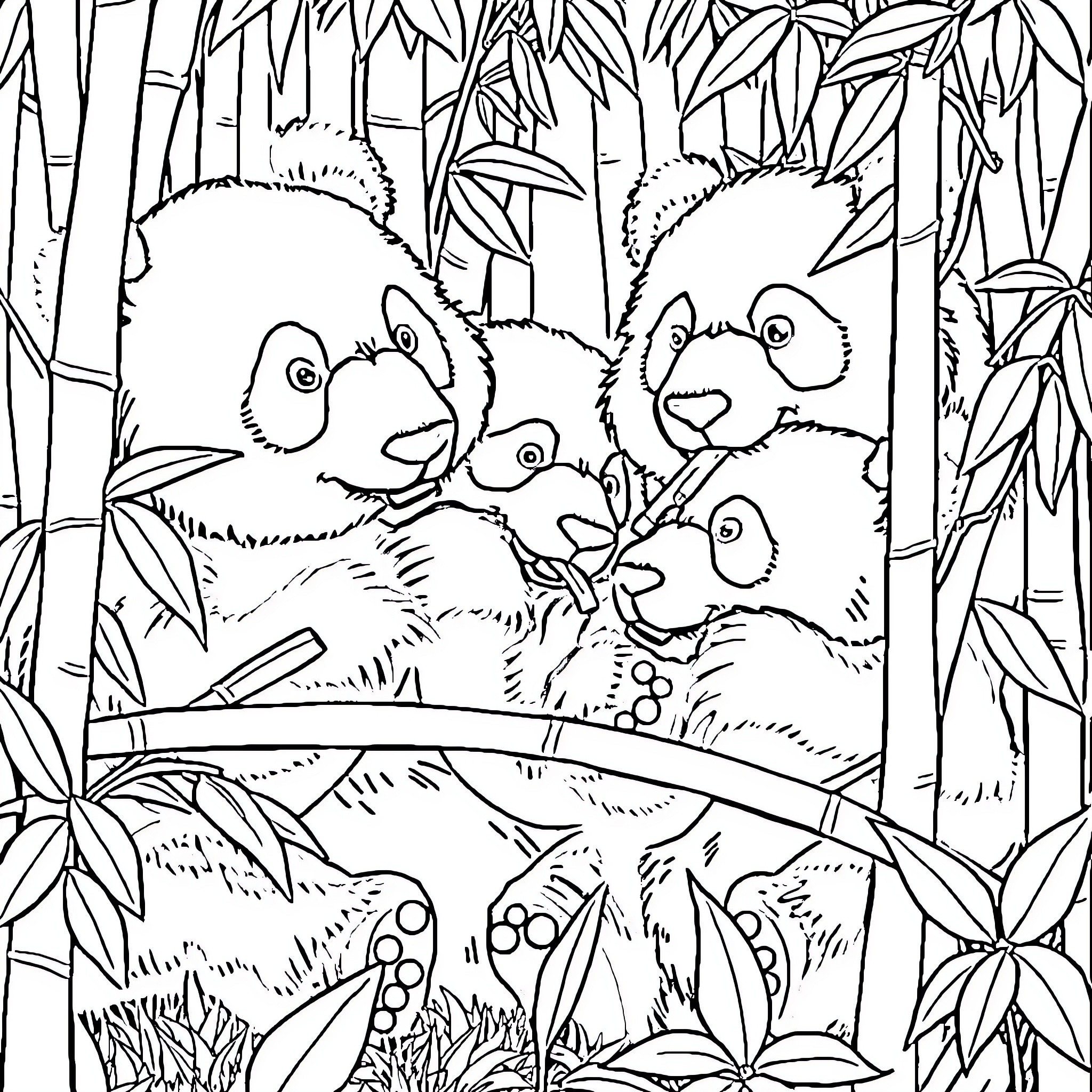 Panda family in bamboo forest Coloring Page (free black-and-white line drawing printable PDF for all, from beginners to advanced learners, including children, teens, adults, and seniors)