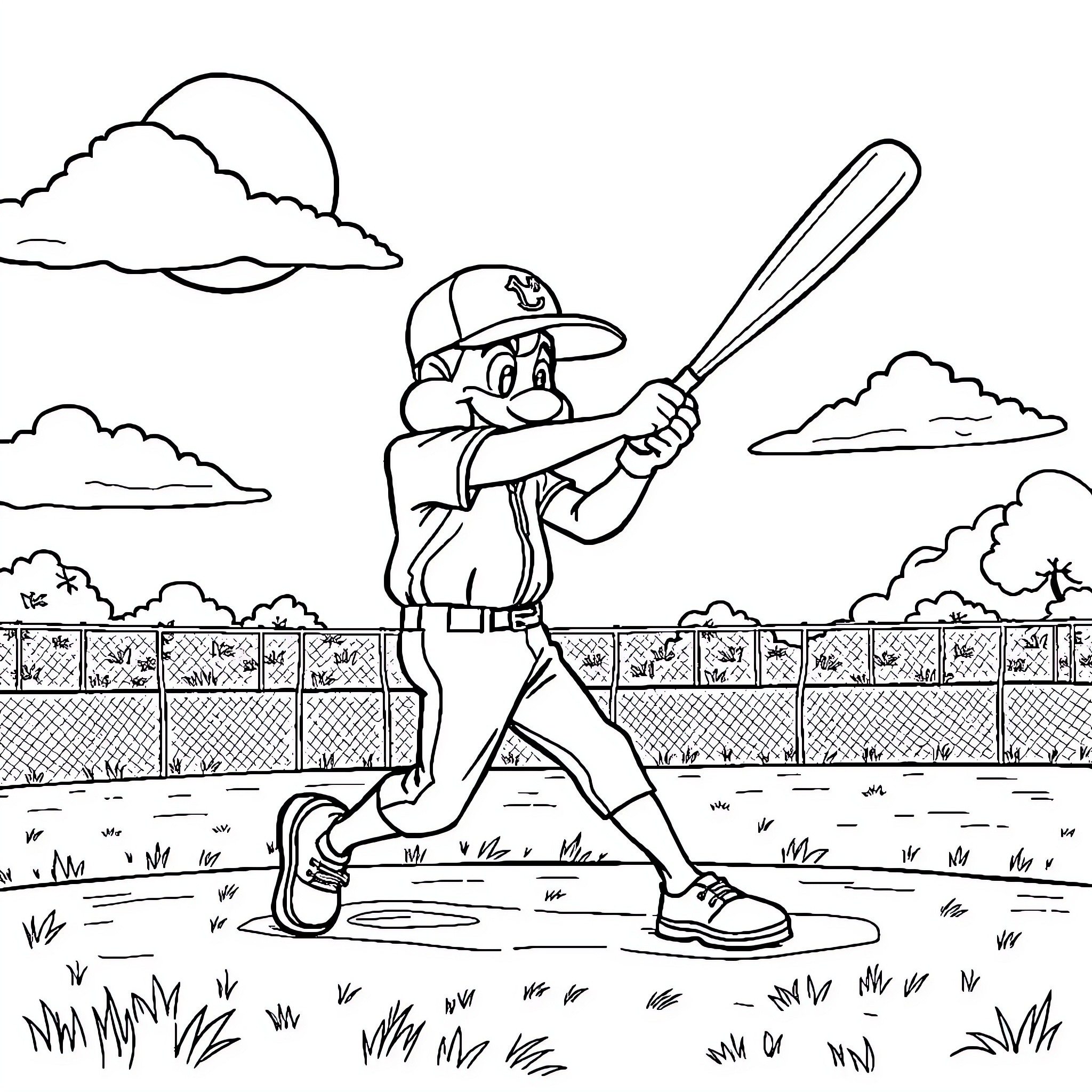 Spok playing baseball in the park Coloring Page (free black-and-white line drawing printable PDF for all, from beginners to advanced learners, including children, teens, adults, and seniors)