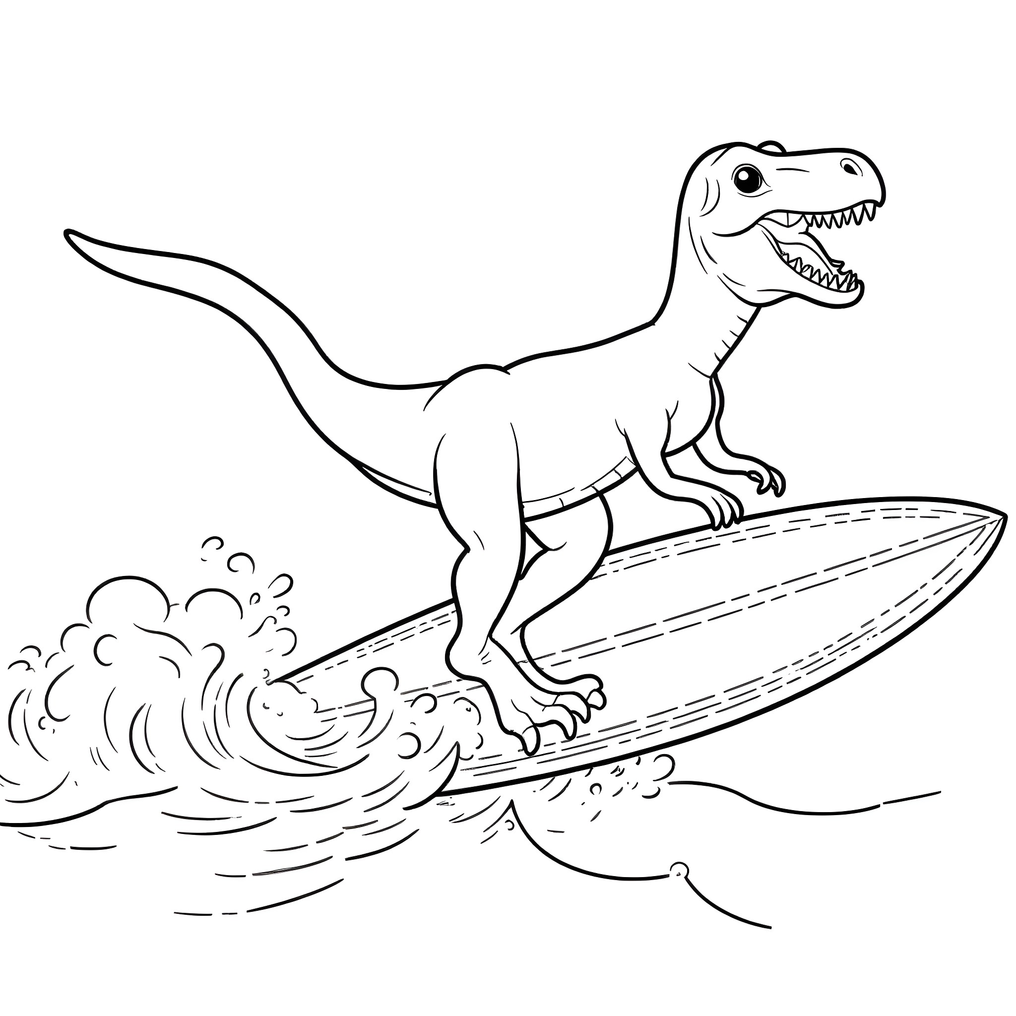 T-Rex surfing on waves Coloring Page (free black-and-white line drawing printable PDF for all, from beginners to advanced learners, including children, teens, adults, and seniors)