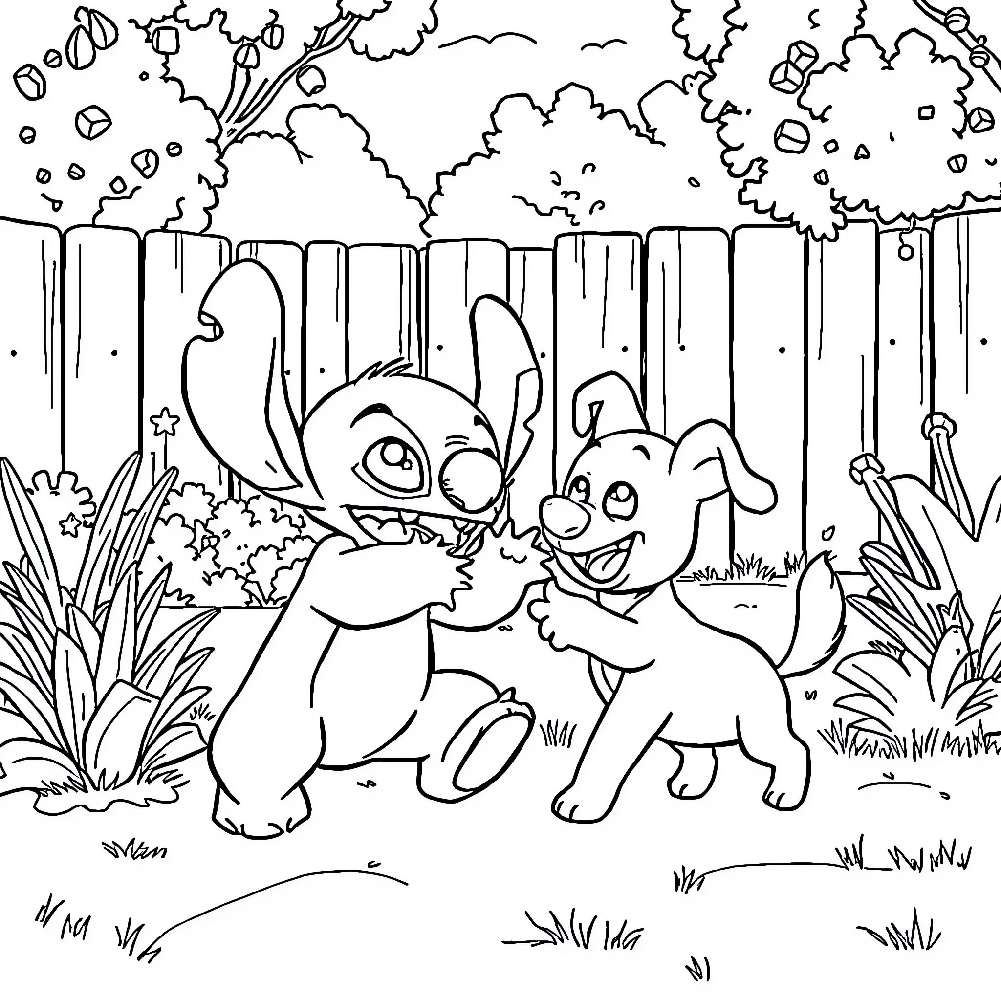 Stitch and Friend Playing in Forest Wonderland Coloring Page (free black-and-white line drawing printable PDF for all, from beginners to advanced learners, including children, teens, adults, and seniors)